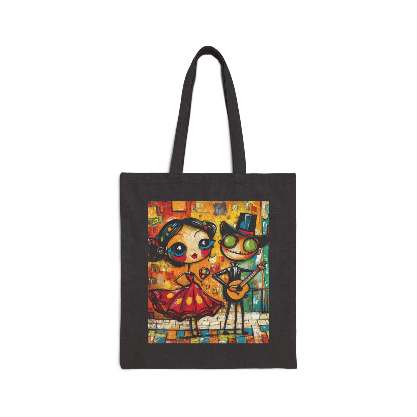 Colorful Cartoon Art Tote Bag, Quirky Gothic Skeleton and Flamenco Girl Illustration, Cotton Canvas Shopping Bag, Funky Day of the Dead Gift