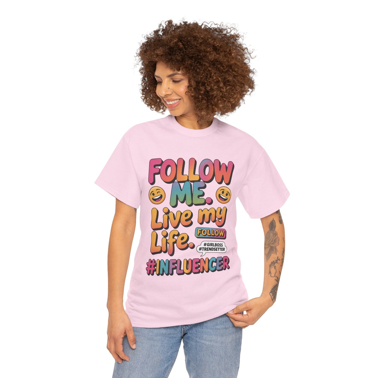 Womens Heavy Cotton Tee, Influencer Graphic Tee, Follow Me Live My Life Shirt, Colorful Trendy GirlBoss T-Shirt, Trendsetter Summer Wear
