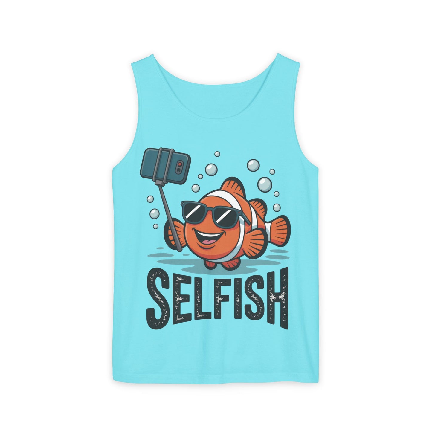 Mens Garment-Dyed Tank Top, Mens Selfish Funny Fish Tank Top, Cute Selfie Graphic Shirt, Ocean Humor Top