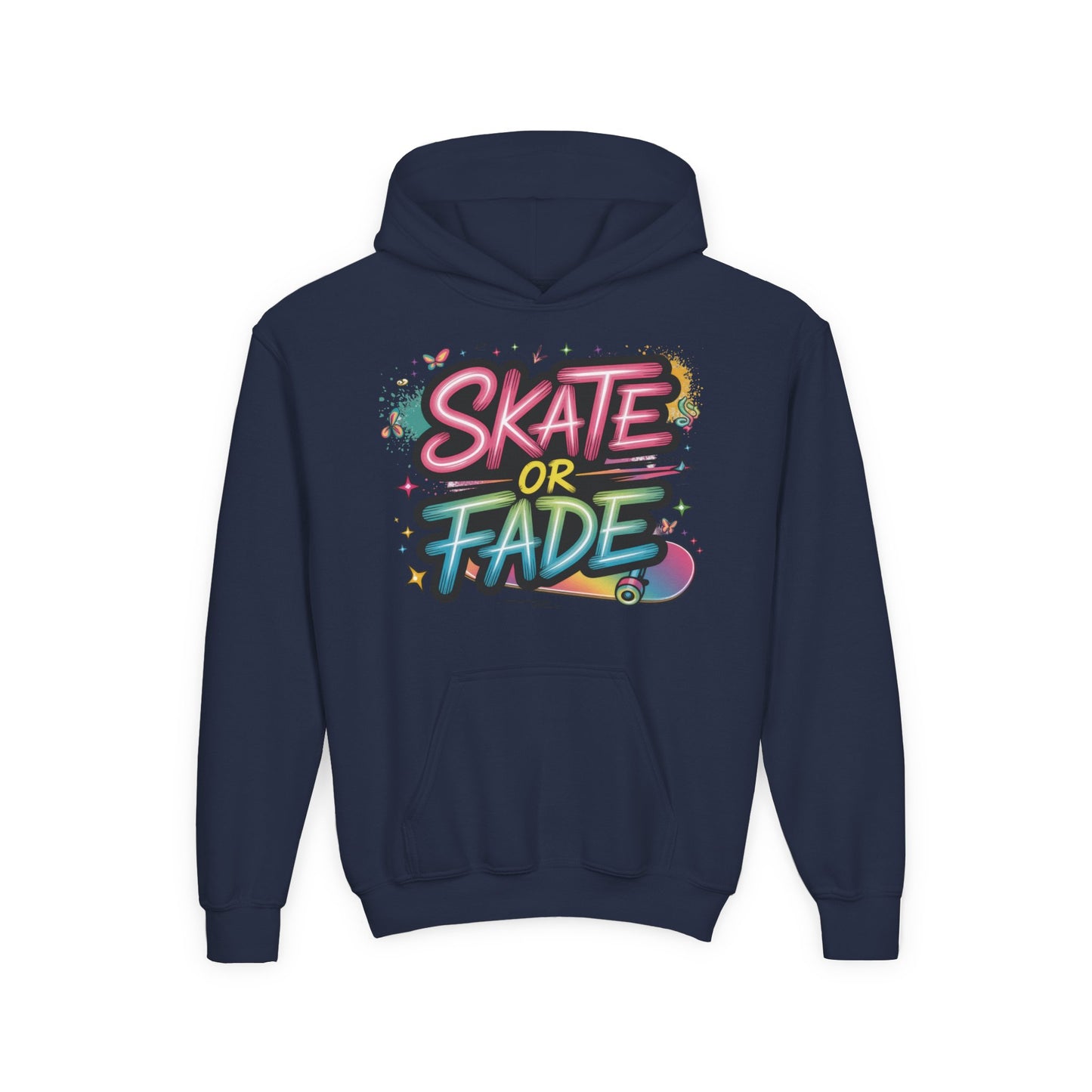 Youth Heavy Blend Hooded Sweatshirt, Skate Or Fade Girls Shirt, Colorful Graffiti Skateboarding Hoodie