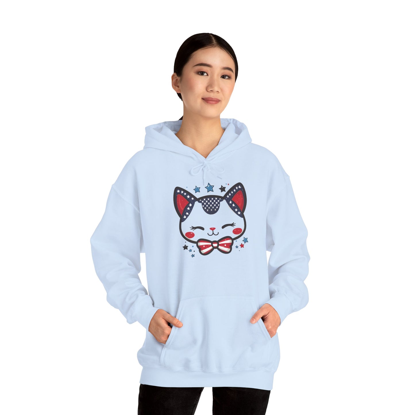 Cute Patriotic Cat -Themed Women's Hoodie, for Cat Lovers, Cute Gift for Pet Owners, Cozy Sweatshirt for All Seasons, Fourth of July Hoodie