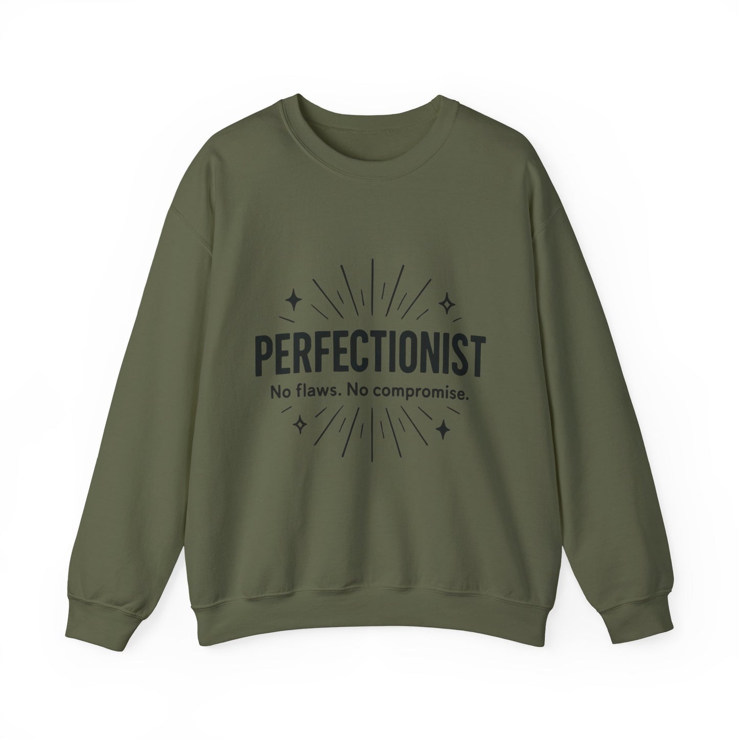 Men's Perfectionist Sweatshirt, Bold No Flaws No Compromise Design, Clean Look Funny Gift for Him, Minimal Black Graphic Pullover