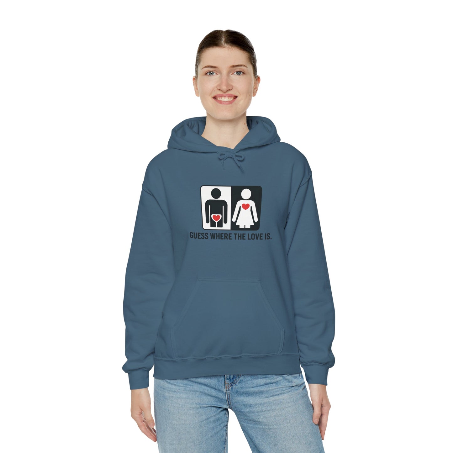 Cute Guess Where The Love Is Mens Hoodie, Sweatshirt for Couples, Valentines Day Gift, Relationship Humor Hoodie, Bold Love Joke Hoodie