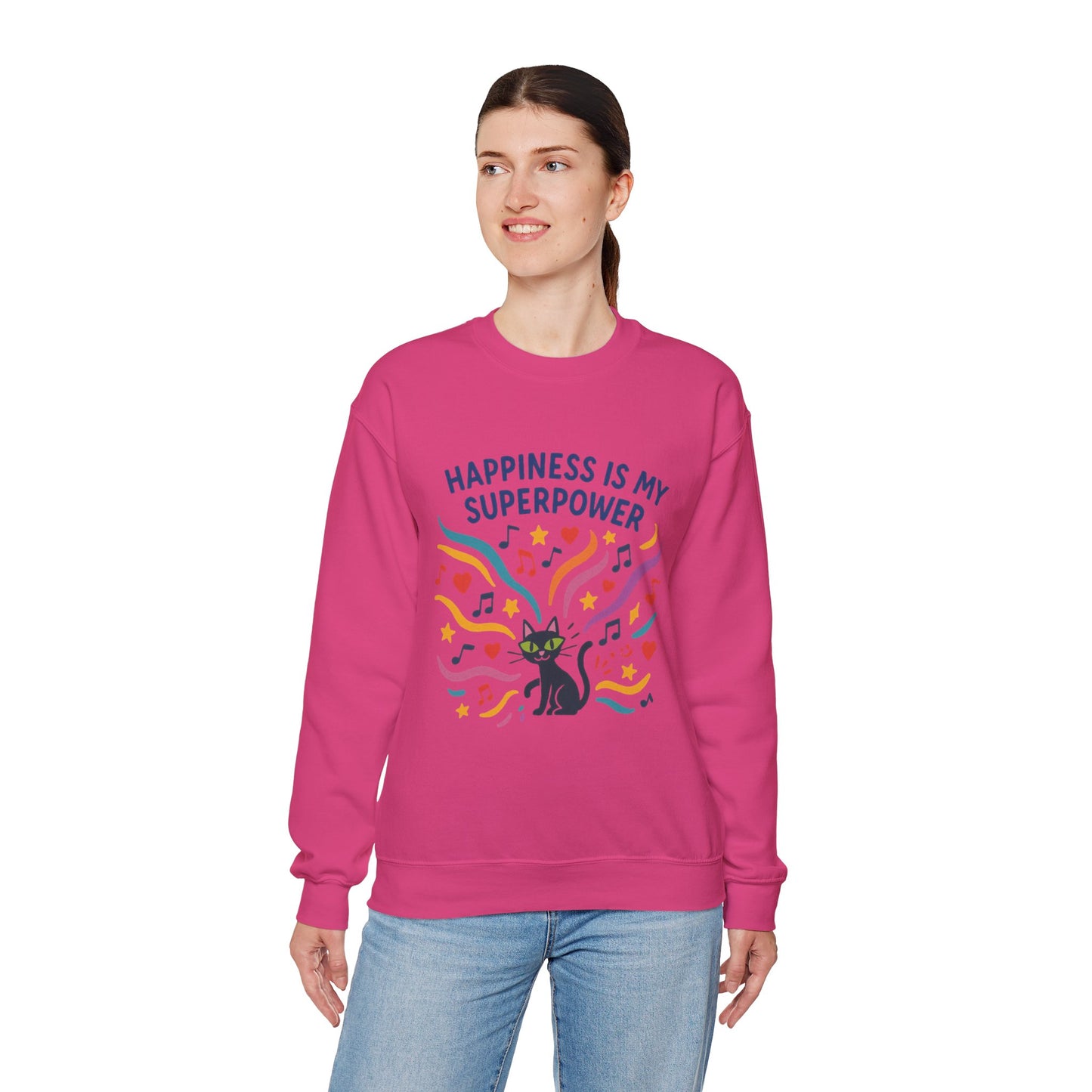 Playful Cat Crewneck Womens Sweatshirt, Happiness is My Superpower, Cozy Sweatshirt, Gift for Cat Lovers, Fun Casual Style, Unique Animal Design