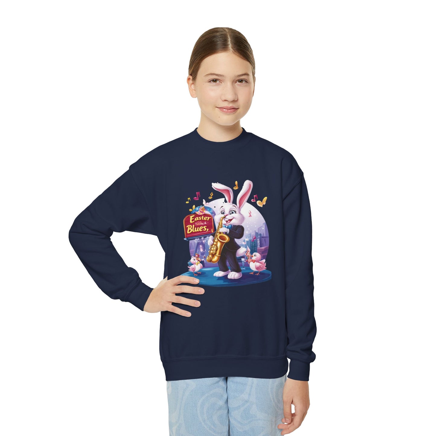 Jazz Bunny Easter Kids Sweatshirt - Cute Saxophone Playing Bunny Design, Fun Spring Crewneck, Holiday Gift for Boys and Girls