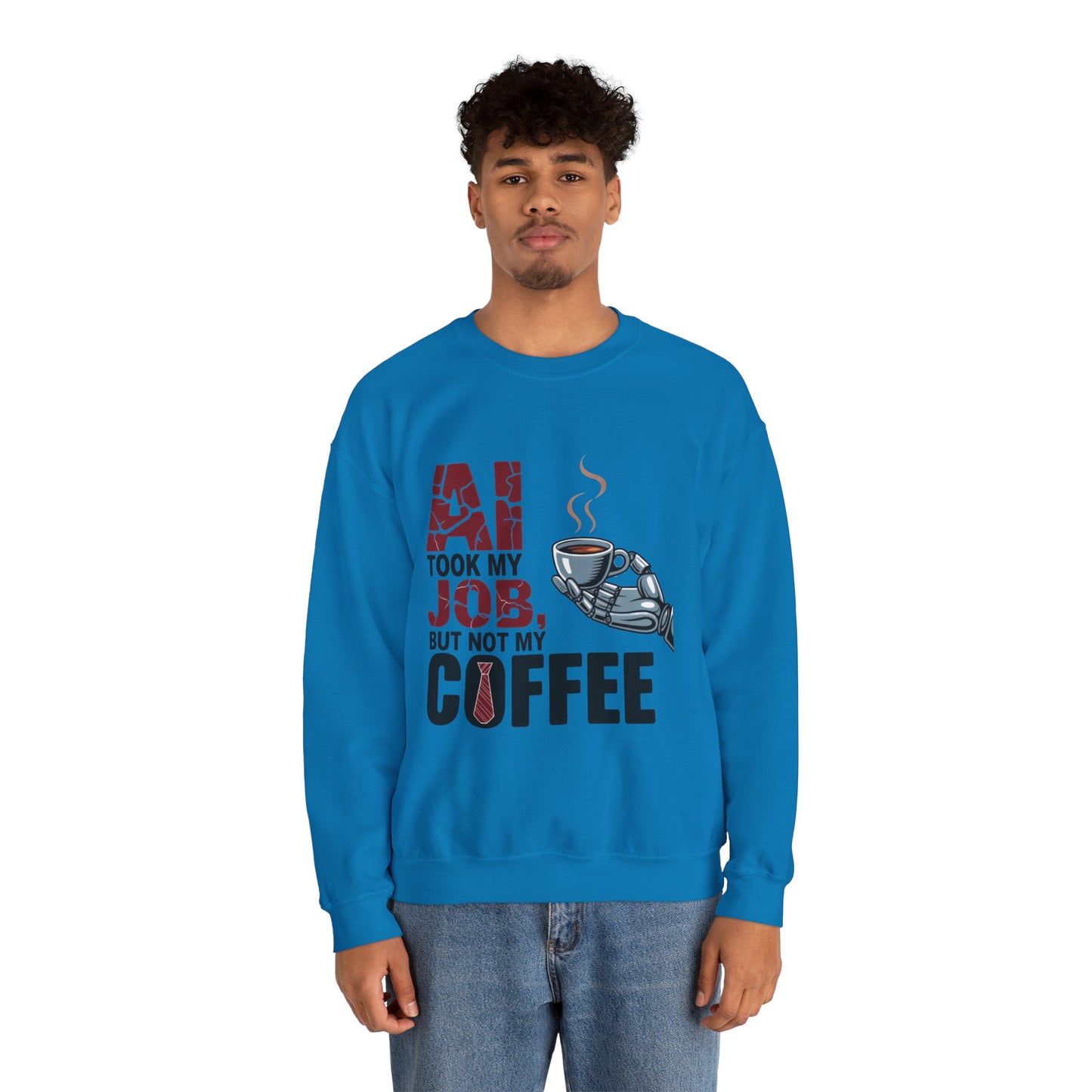 Men's AI Coffee Sweatshirt, Funny Robot Humor Pullover, Geek Sarcastic Job Joke Top, Men's Heavy Blend™ Crewneck Sweatshirt, Office Humor