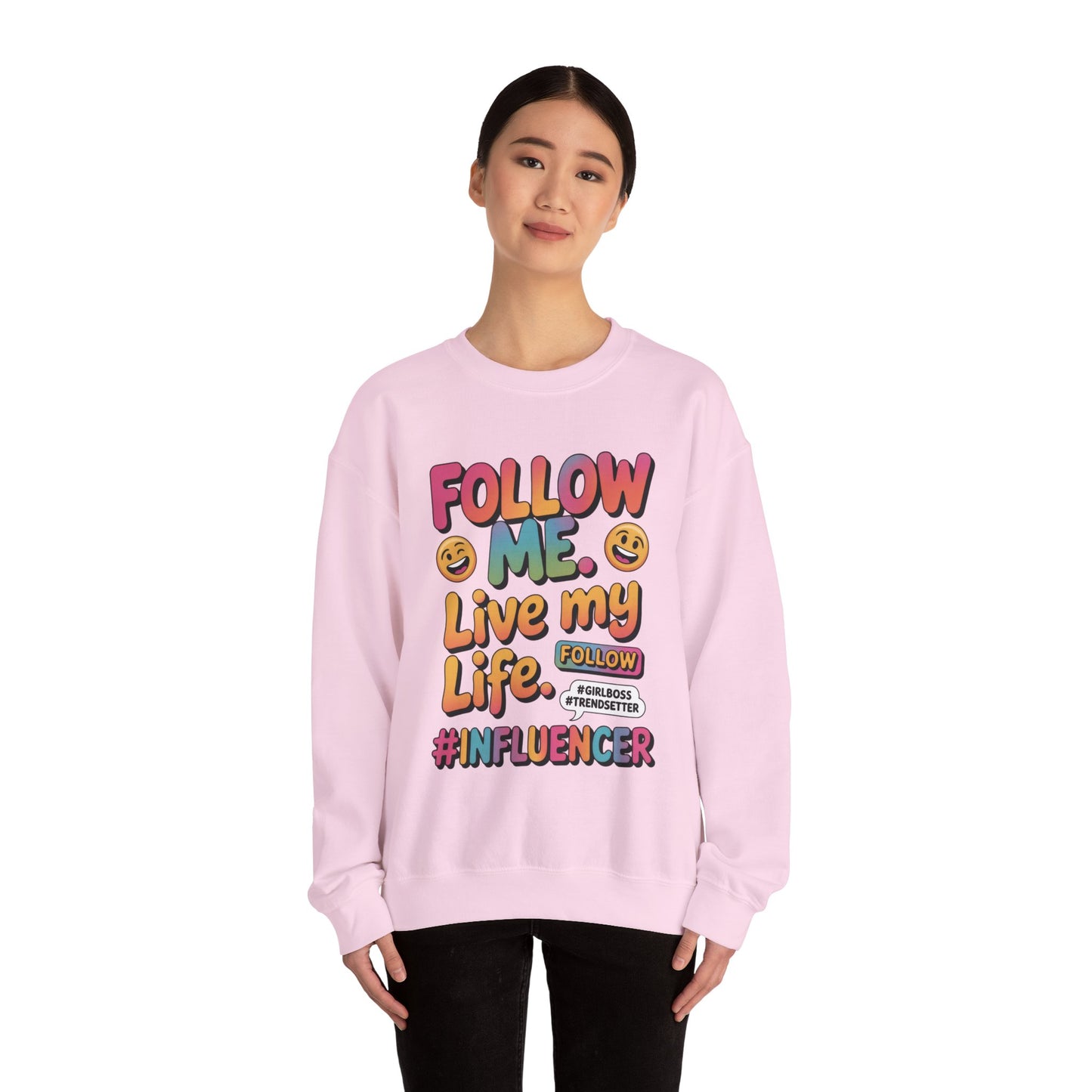 Womens Heavy Blend™ Crewneck Sweatshirt, Influencer Sweatshirt, Colorful Follow Me Live My Life Graphic Sweatshirt, Trendy GirlBoss Outfit