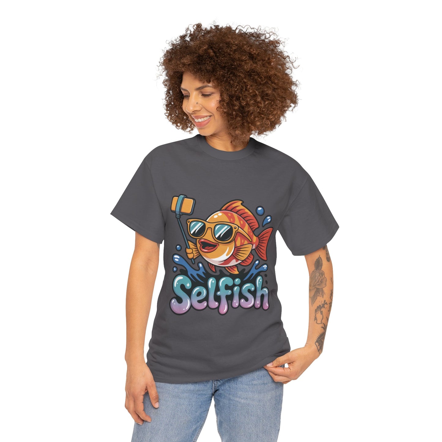 Funny Selfie Fish Graphic Womens T-Shirt, Playful Pun Gift for Her, Summer Vibes, Unique Beach Shirt, Outdoor Adventures