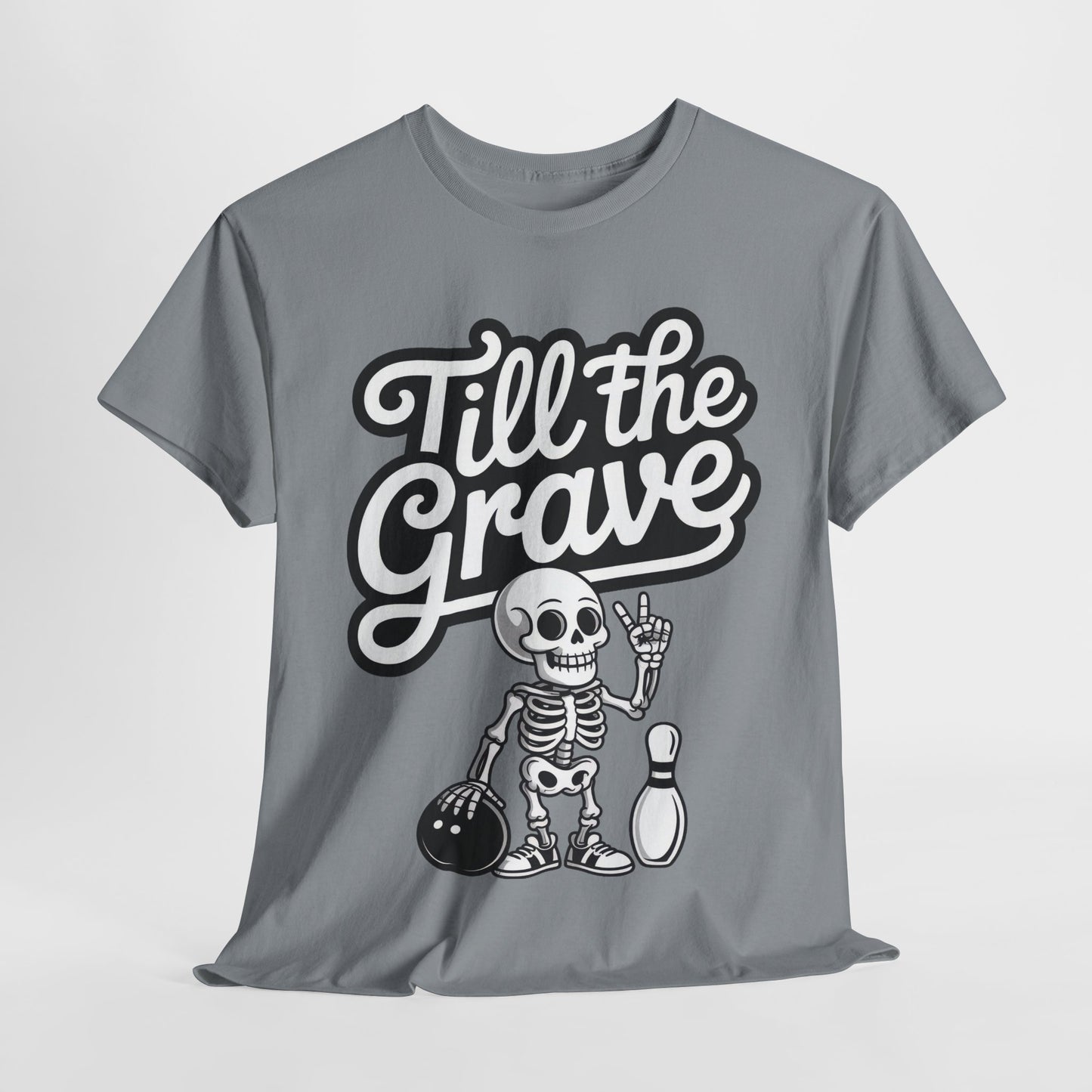 Skeleton Bowling Graphic Tee, Mens Heavy Cotton Tee, Funny Halloween Shirt, Gift for Bowlers, Retro Style Apparel, Casual Wear