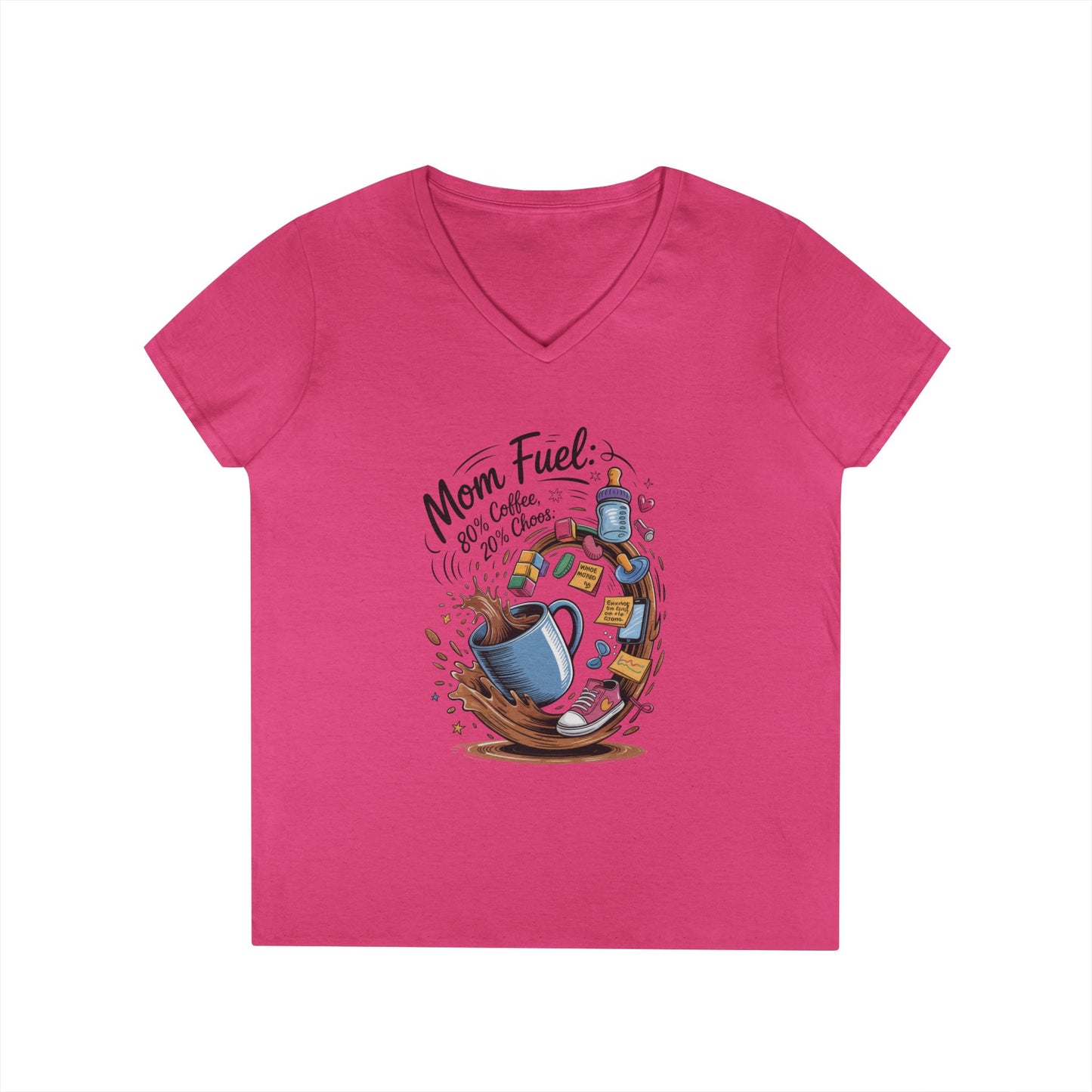 Mom Fuel V-Neck T-Shirt, Funny Coffee Lover V-Neck T-Shirt, Gift for Moms, Mother's Day, Casual Wear, Pajama Top
