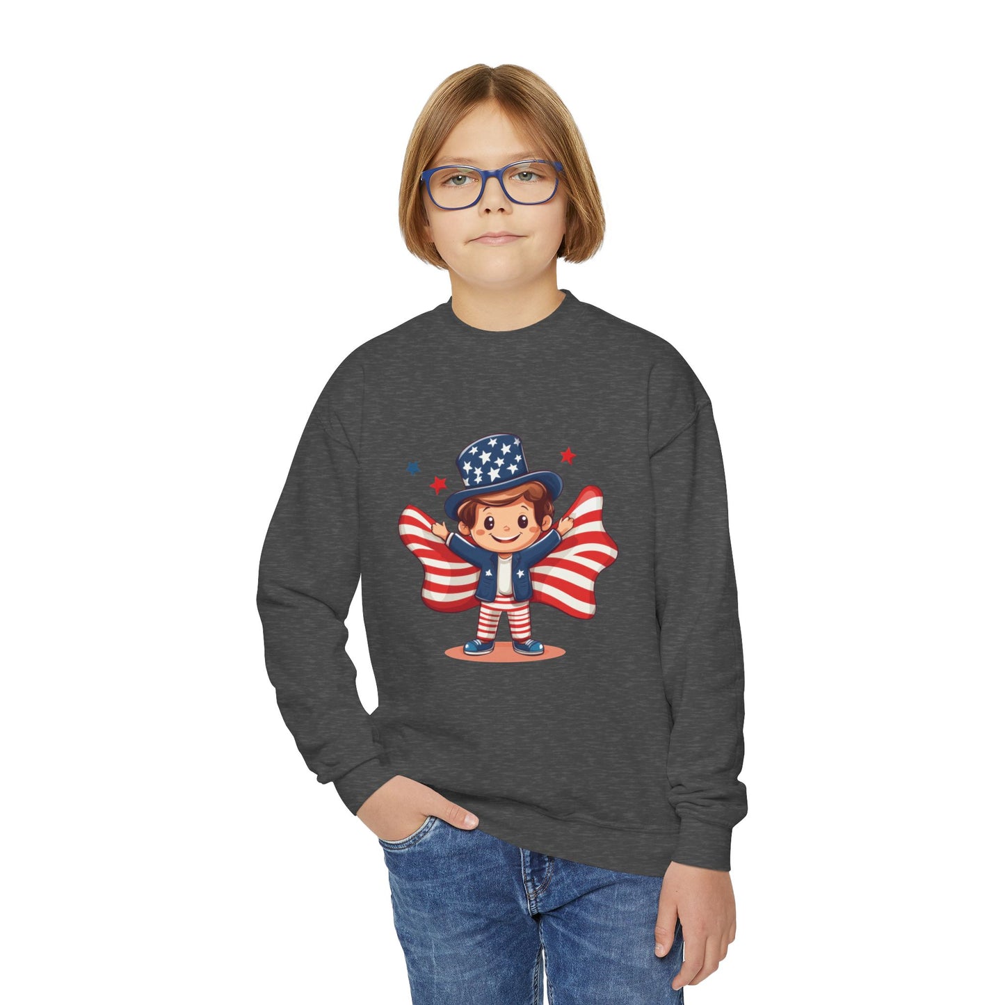Patriotic Youth Crewneck Sweatshirt, Kids Flag Sweatshirt, July 4th Outfit, Independence Day Gear, Americana Sweatshirt, Holiday Clothing