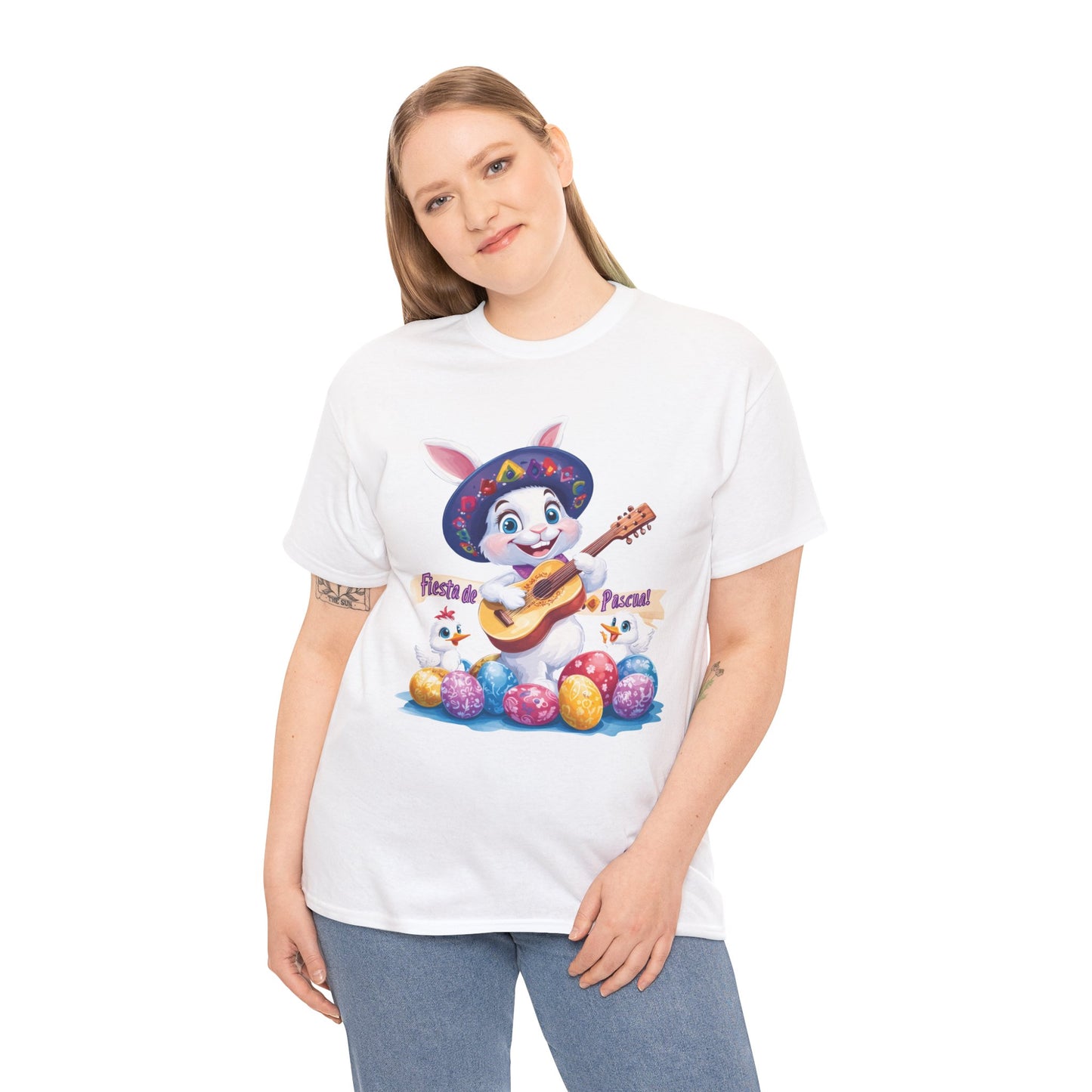 Fiesta de Pascua Bunny Shirt, Funny Easter Rabbit Playing Guitar Tee, Colorful Unisex Heavy Cotton T-Shirt, Cute Holiday Celebration Gift