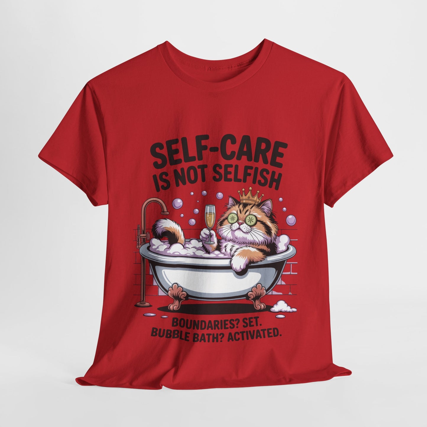 Womens Heavy Cotton Tee, Self-Care Cat Shirt, Funny Cat Bubble Bath Tee, Relaxing Kitty Graphic, Self Care Is Not Selfish Womens T-Shirt