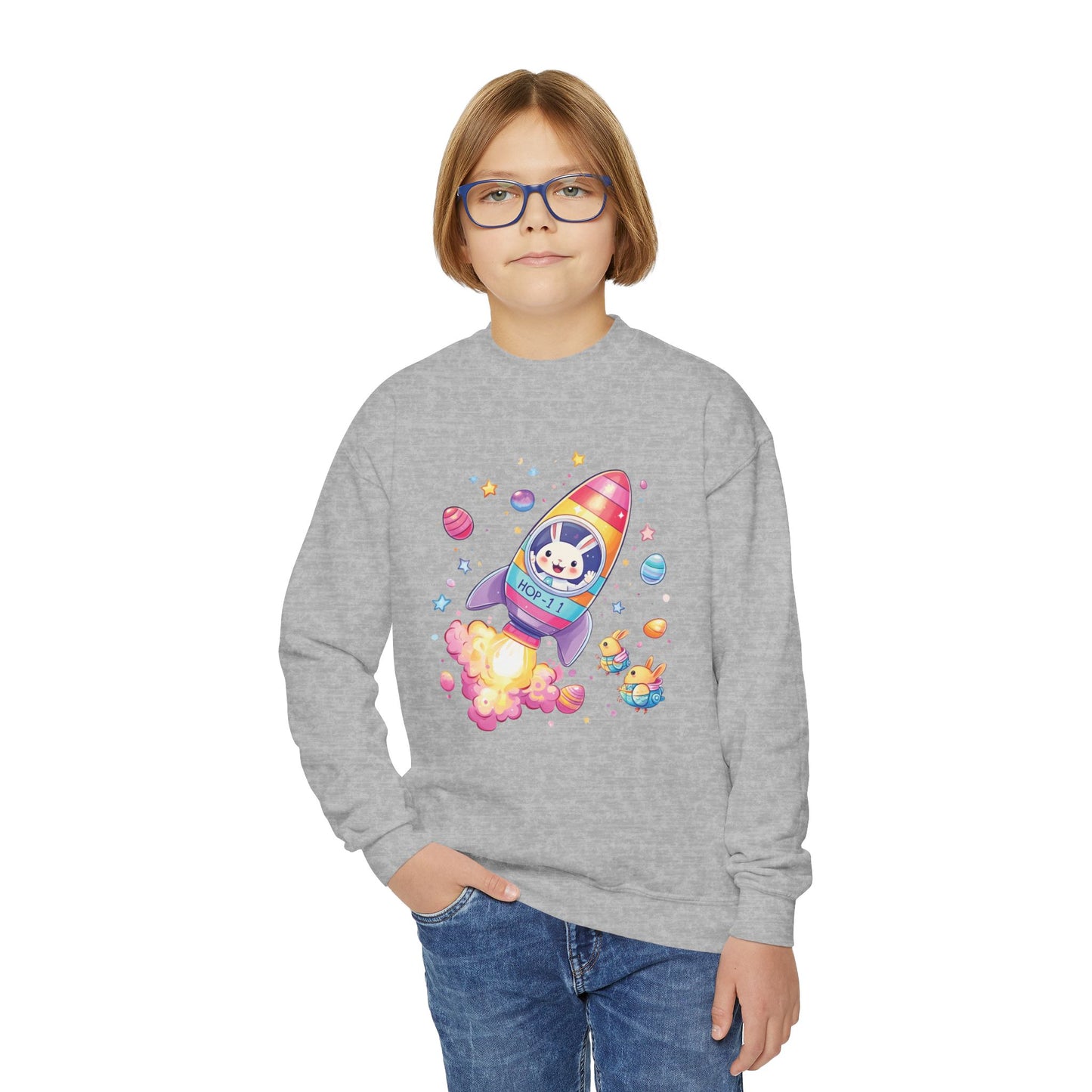 Astronaut Easter Bunny Youth Sweatshirt - Cute Rocket Bunny Design, Space Adventure Spring Shirt, Fun Holiday Gift for Kids
