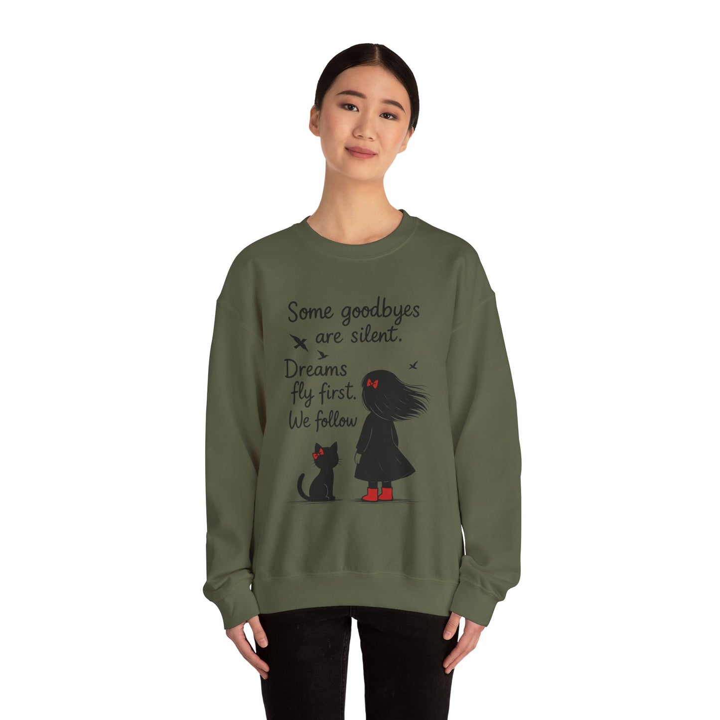 Cozy Farewell Girl & Cat Pullover, Hand Drawn Red Dress Art, Minimalist Womens Crewneck