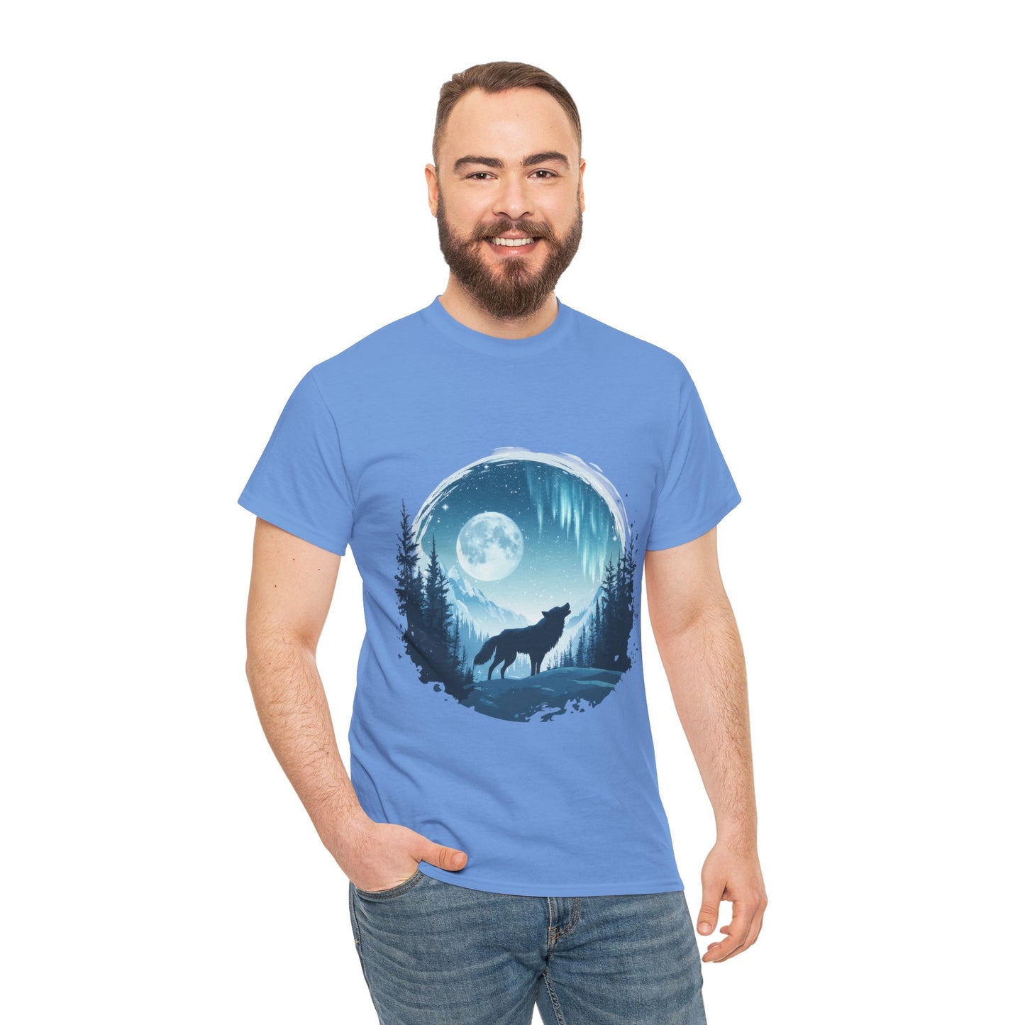 Howling Wolf Under Moonlight Men's T-Shirt, Full Moon Forest Scene Tee, Nature Lover Gift, Outdoor Adventure Clothing