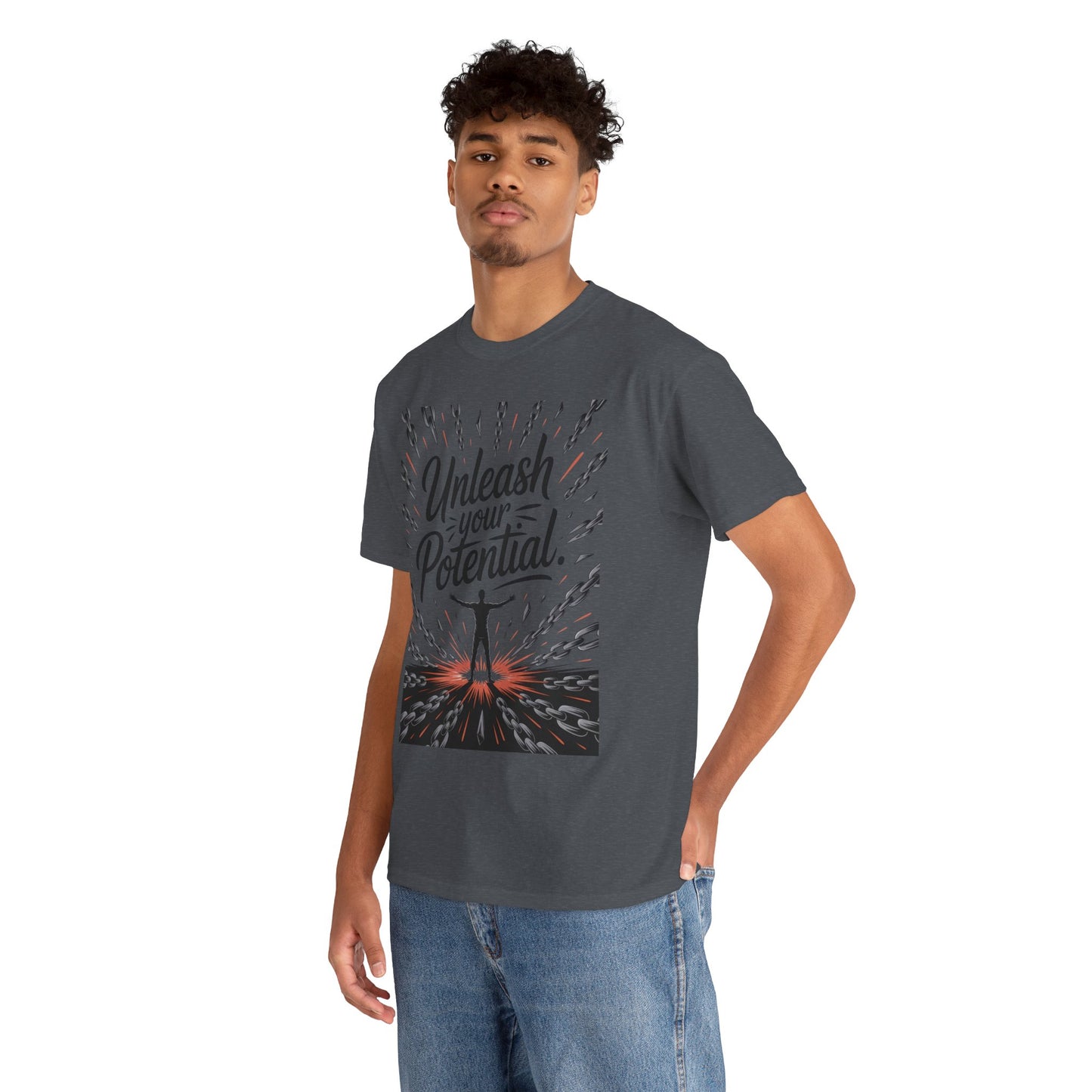 Inspiring Men's Heavy Cotton Tee, "Unleash Your Potential" Motivation Shirt, Gift for Graduates, Personal Growth Apparel, Casual Wear