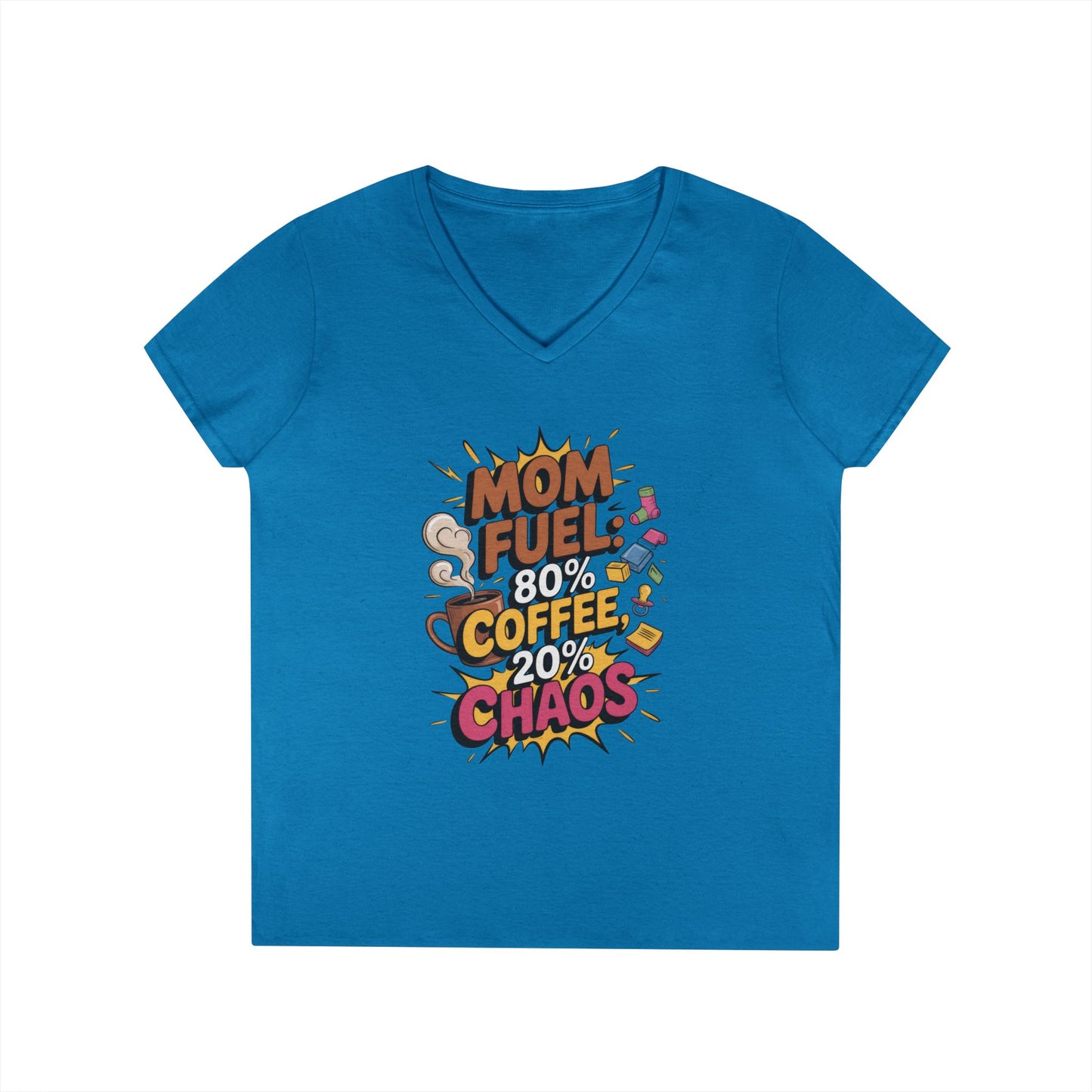 Mom Fuel V-Neck T-Shirt, Funny Gift for Moms, Coffee Lovers, Mother's Day, Everyday Humor, Tired Mom Life Tee, Coffee Loving Moms