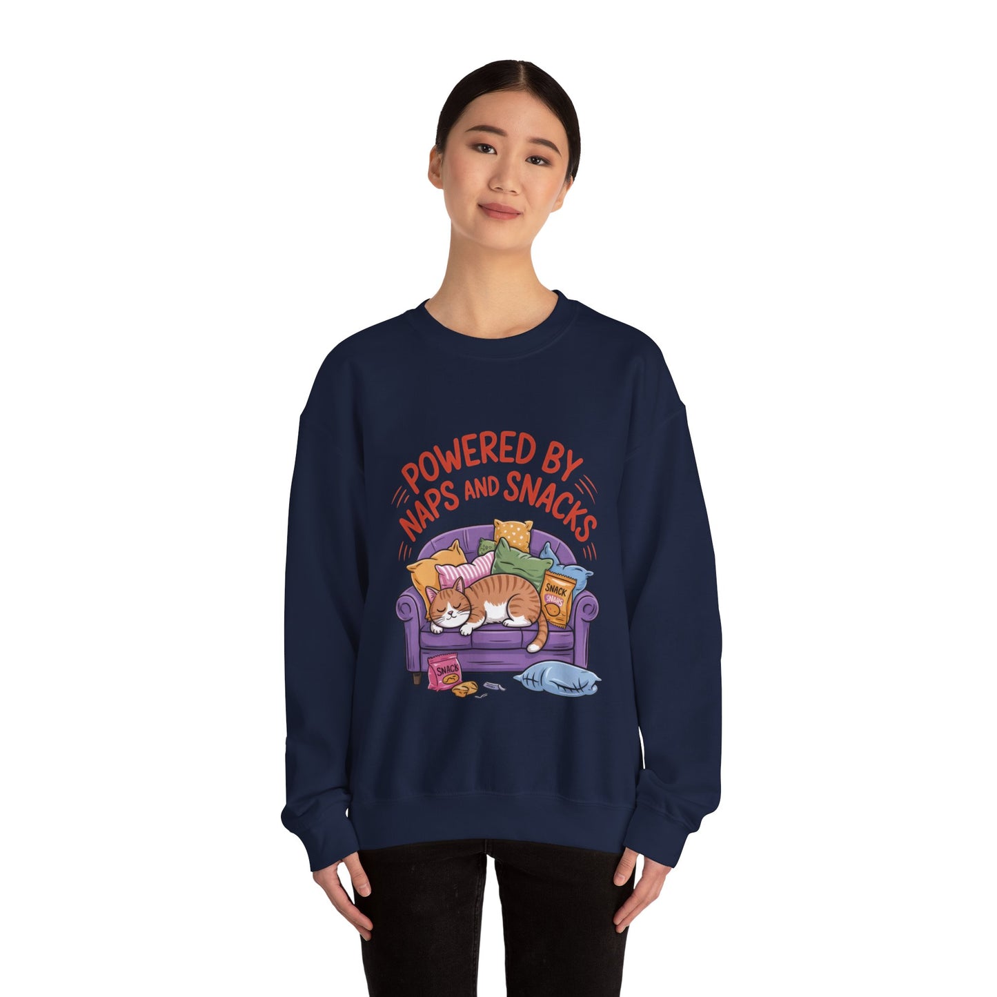 Powered by Naps and Snacks Sweatshirt, Cozy Lounge Crewneck, Gifts for Cat Lovers, Funny Cat Sweatshirt, Casual Everyday Wear