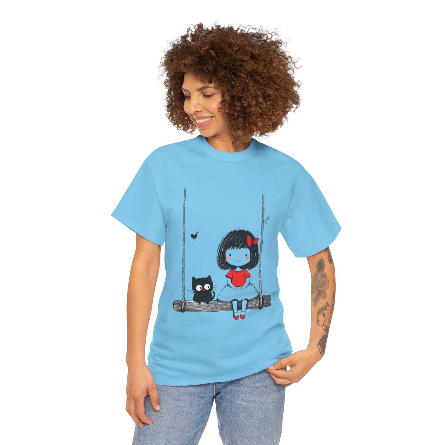 Cute Cat & Girl Graphic Tee, Playful Gift for Cat Lovers, Cat and Girl Design, Gift for Cat Owners, Women's Cotton T-Shirt
