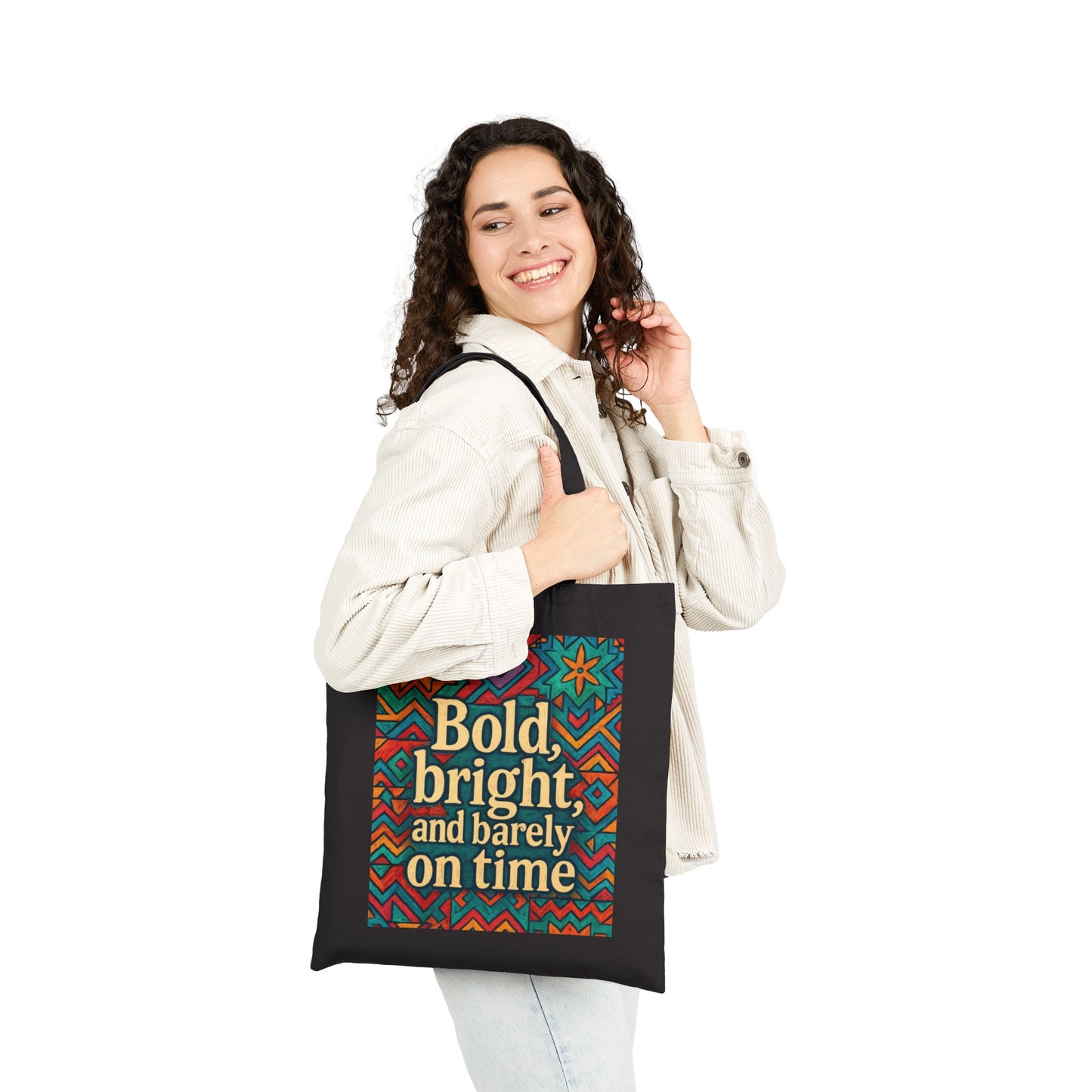 Bold Bright and Barely On Time Tote Bag, Colorful Retro Quote Canvas Bag, Funny Colorful Grocery Bag, Vibrant Motivational Text Print
