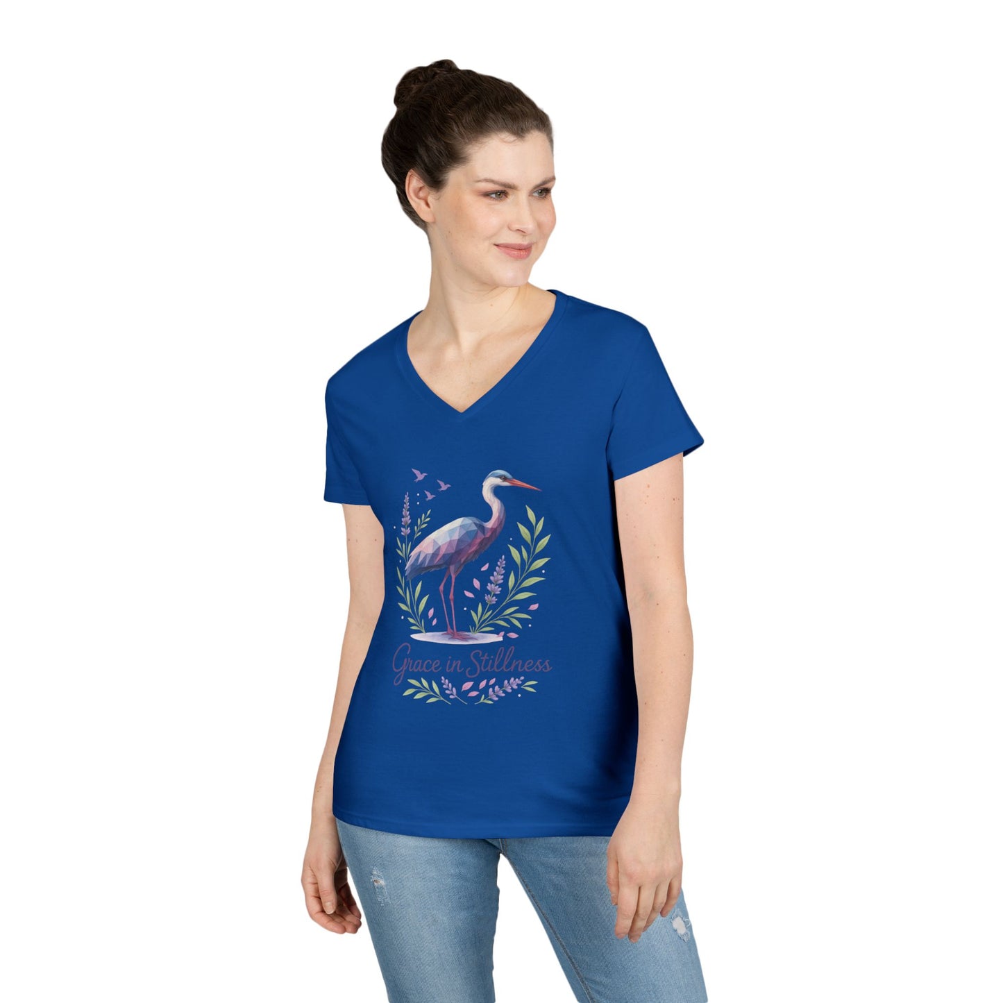 Ladies' V-Neck T-Shirt with Heron Design - Grace in Stillness, Relaxed Fit, Nature-Inspired Gift, Travel Tee, Summer Fashion