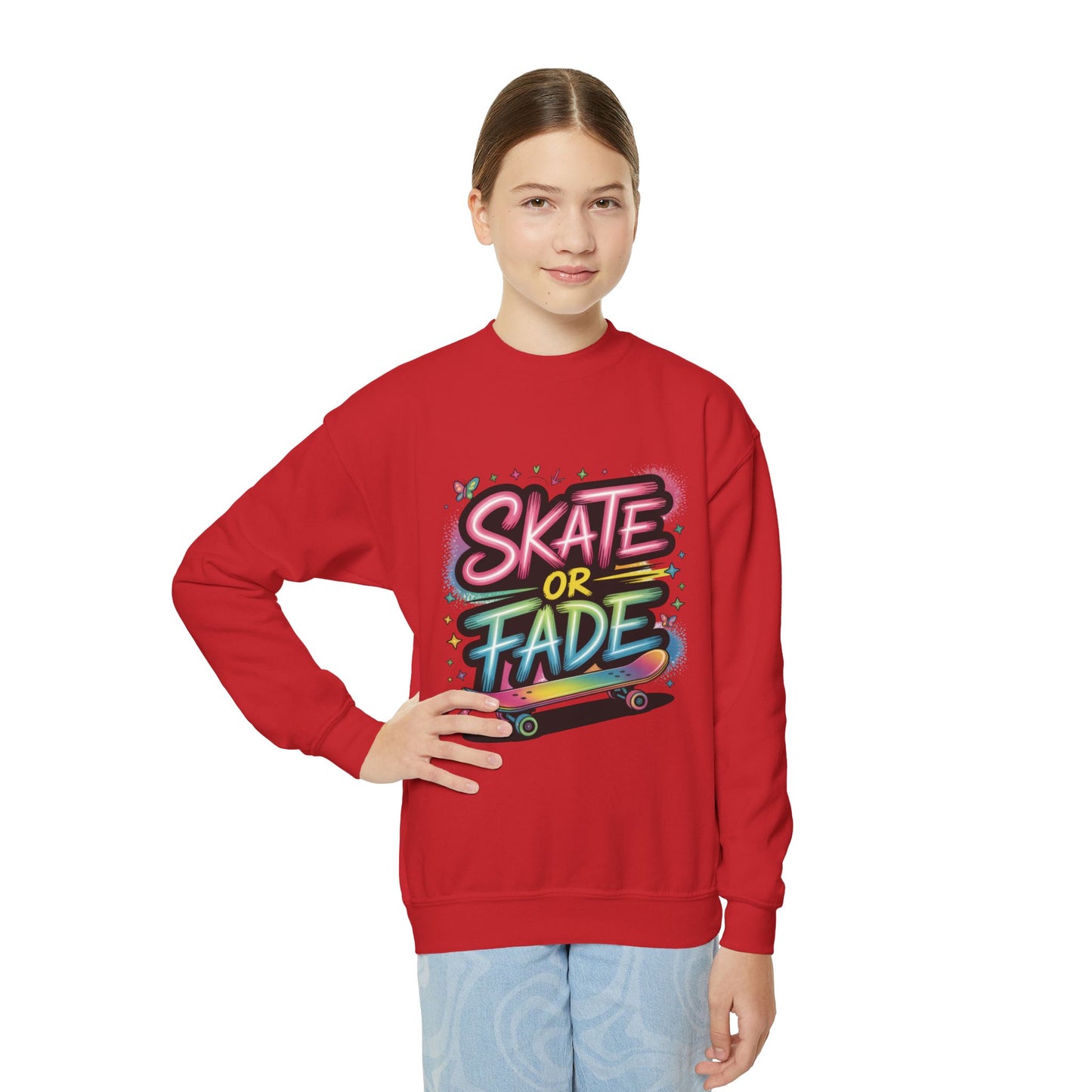 Youth Crewneck Sweatshirt, Skate Or Fade Girls Sweatshirt, Colorful Graffiti Skateboarding Crewneck Sweatshirt, Youth Streetwear Gift