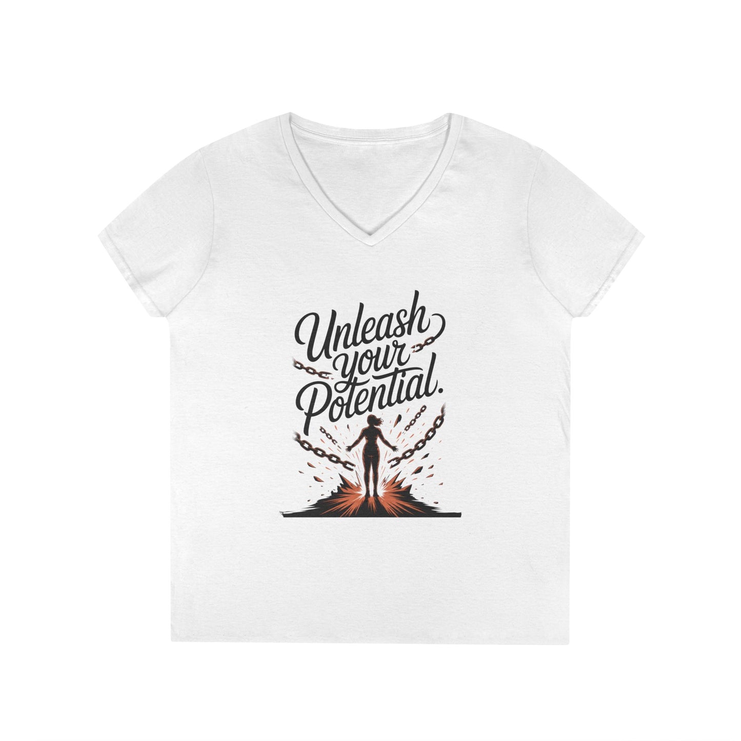 Empowering Ladies' V-Neck T-Shirt | Unleash Your Potential | Gift for Motivation, Birthday, Inspirational Wear, Positive Energy Top