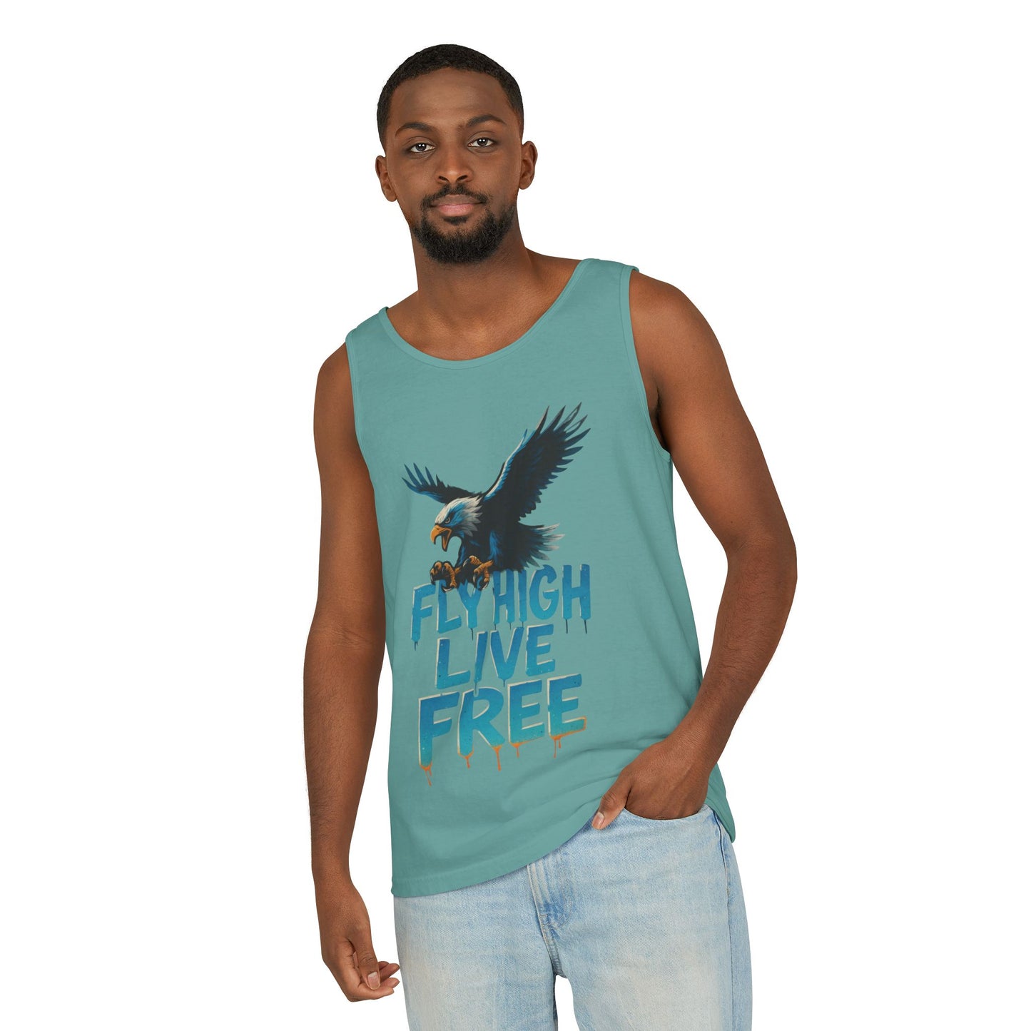 Mens Garment-Dyed Tank Top, Fly High Live Free Eagle Mens Tank Top Gym Wear
