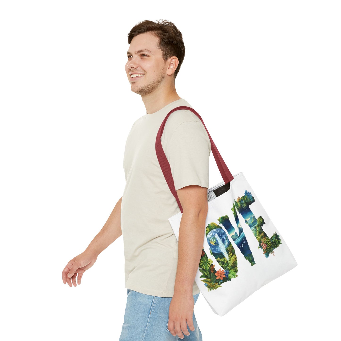 Earth Day LOVE Tote Bag, Eco Friendly Nature Art Bag, Sustainable Planet Message, Floral Tote, Shopping Bag, Beach Bag, Large Canvas Bag