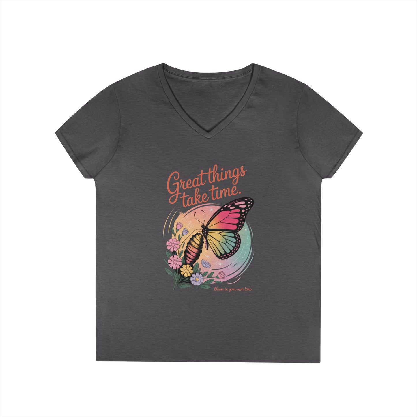 Inspiring Ladies' V-Neck T-Shirt, Great Things Take Time Butterfly Design, Relaxation, Motivation, Nature, Motivational Women's Tee