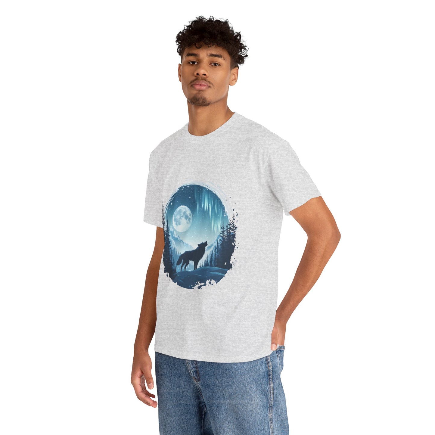 Howling Wolf Under Moonlight Men's T-Shirt, Full Moon Forest Scene Tee, Nature Lover Gift, Outdoor Adventure Clothing