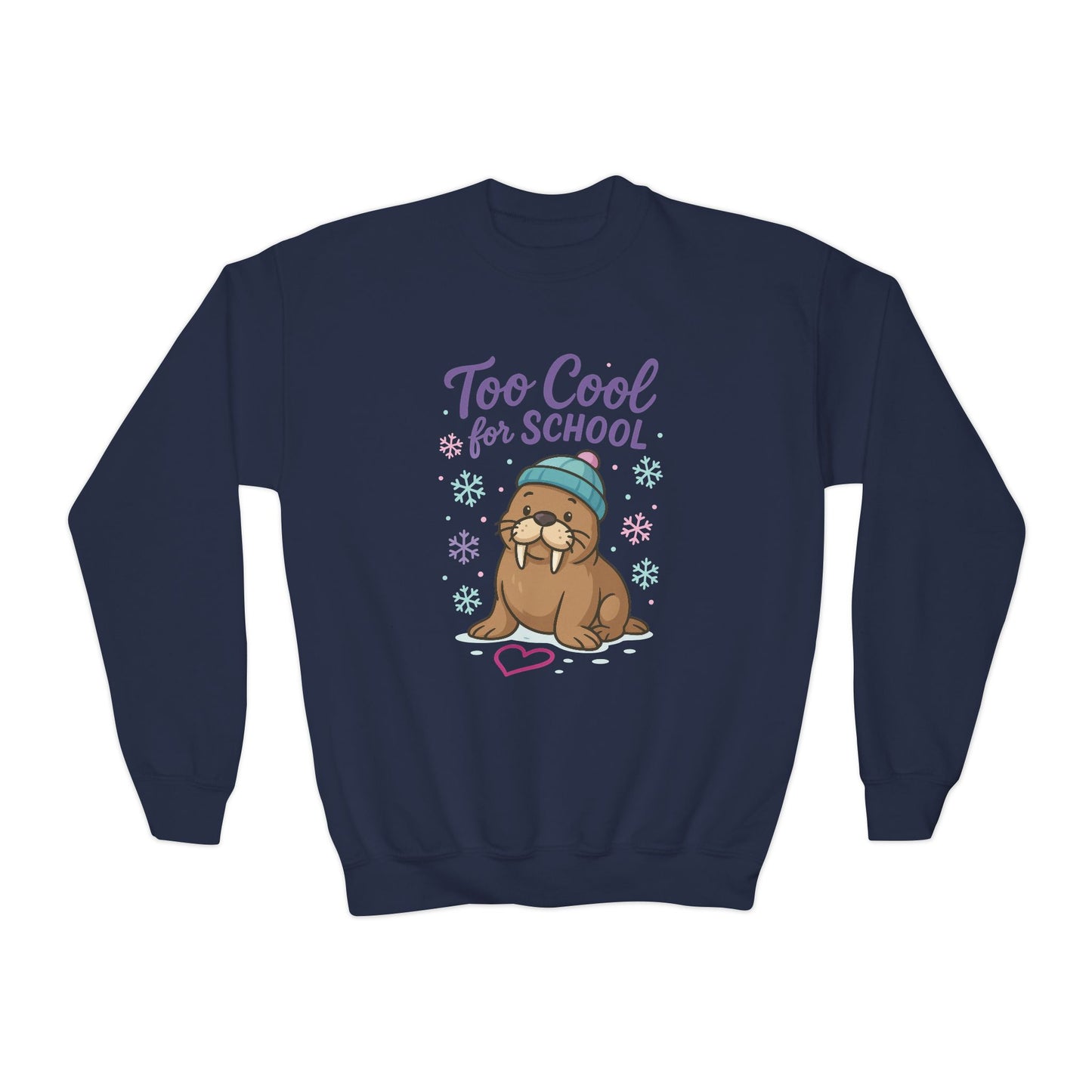 Youth Crewneck Sweatshirt, Kids Too Cool for School Walrus Sweatshirt, Funny Animal Pullover, Cute Winter Top