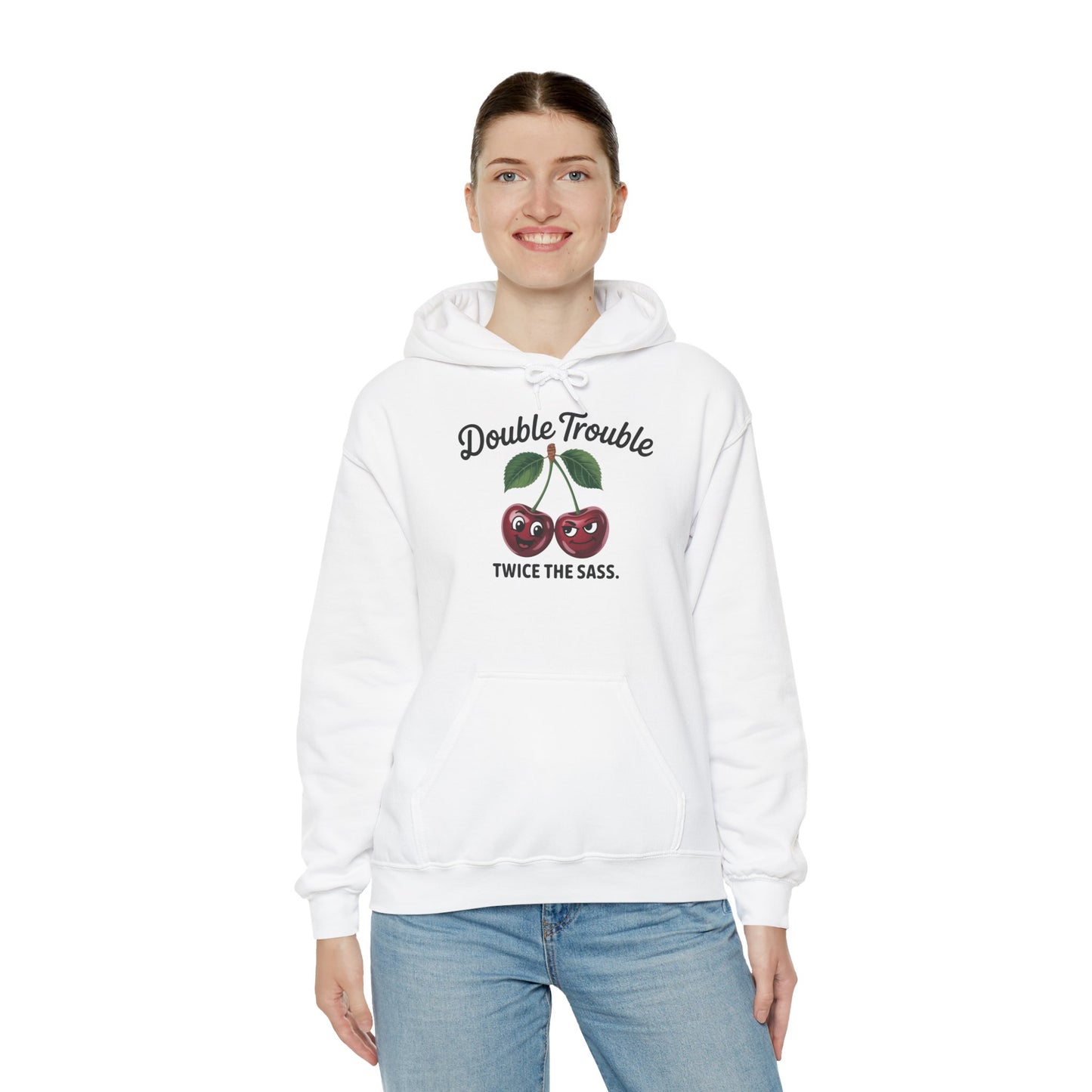 Double Trouble Cherry Hoodie, Cute Funny Womens Hooded Sweatshirt, Twice The Sass Fruit Graphic Pullover, Sassy Cherry Hooded Top