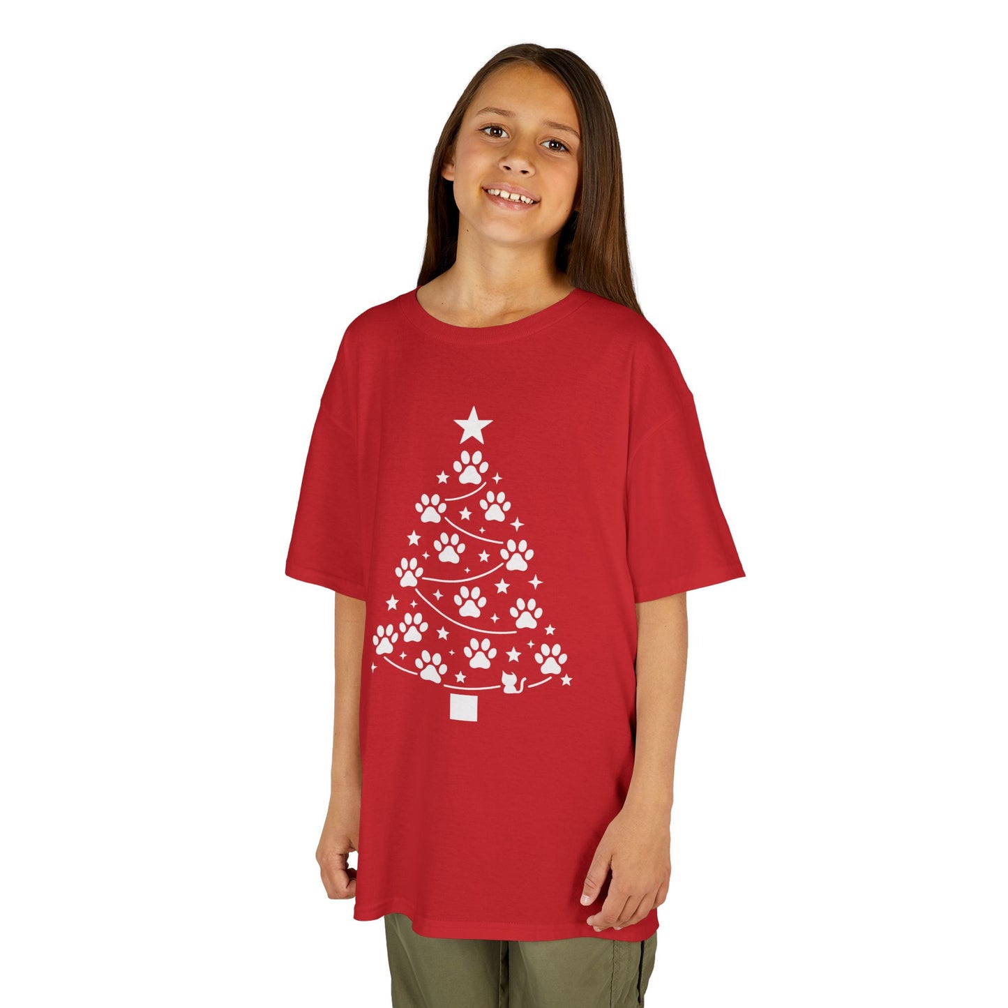 Paw Christmas Tree Girls Youth T-Shirt, Cute Pet Lover Holiday Tee