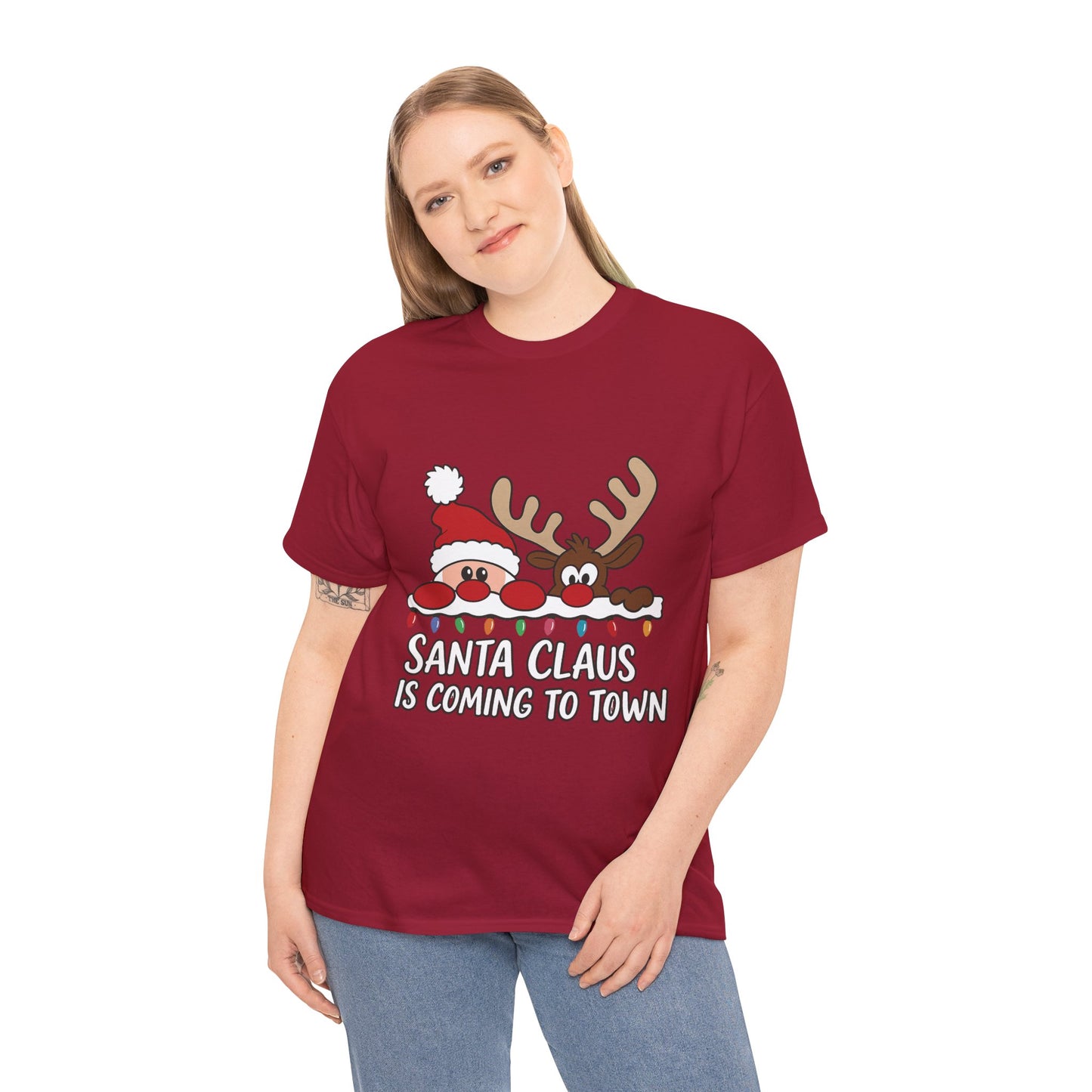 Santa Claus Is Coming to Town Women's Christmas T-Shirt, Cute Santa - Reindeer Holiday Tee