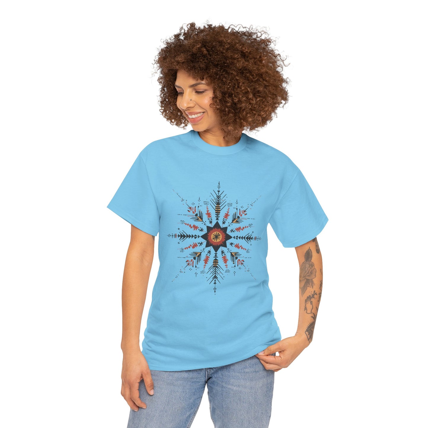 Boho Tribal Mandala Star Women's Cotton Tee, Ethnic Geometric Graphic T-Shirt, Festival Bohemian Style Gift, Bohemian Graphic Tee