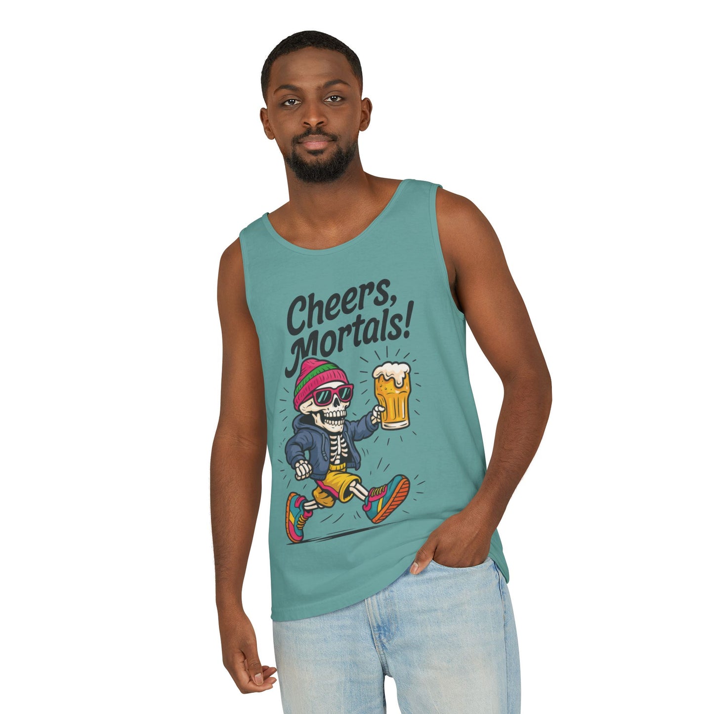 Cheers Mortals! Mens Tank Top, Funny Skeleton Beer Graphic Tee, Drinking Humor Shirt, Party Gift for Him, Halloween Tank, Beer Lovers Gift