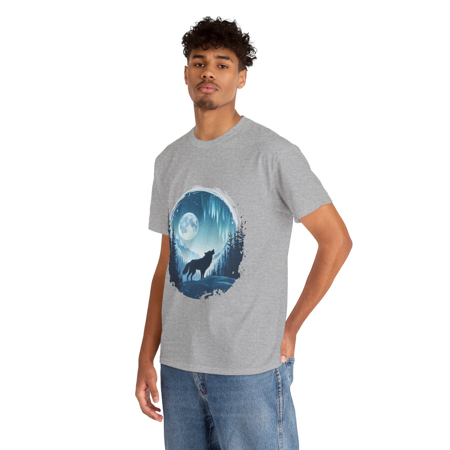 Howling Wolf Under Moonlight Men's T-Shirt, Full Moon Forest Scene Tee, Nature Lover Gift, Outdoor Adventure Clothing