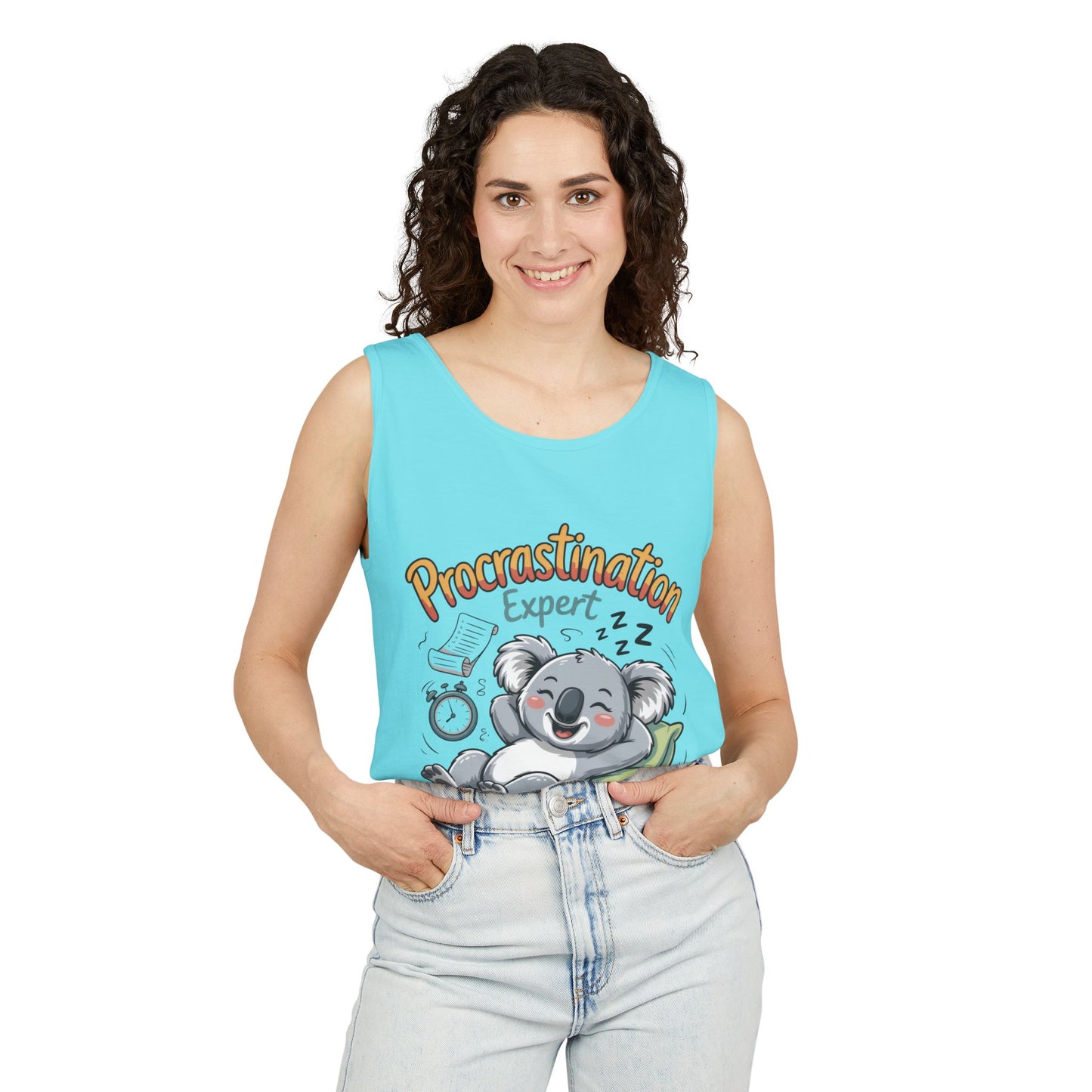 Procrastination Expert Womens Tank Top, Funny Gift for Lazy Days, Relaxed Fit Tee, Casual Summer Wear, Koala Graphic Top, Motivational Apparel