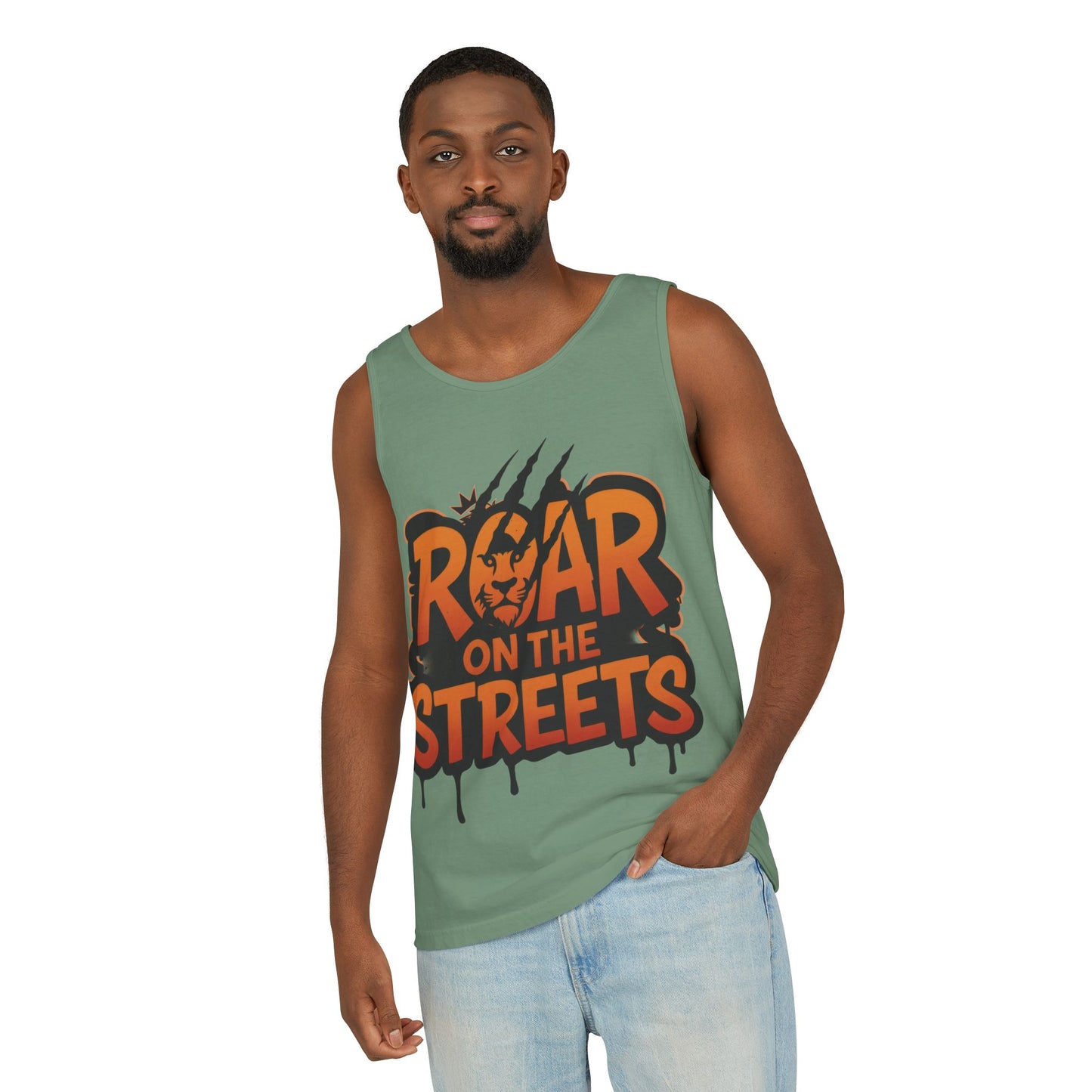 Mens Garment-Dyed Tank Top, Roar on the Streets Lion Graphic Mens Tank Top
