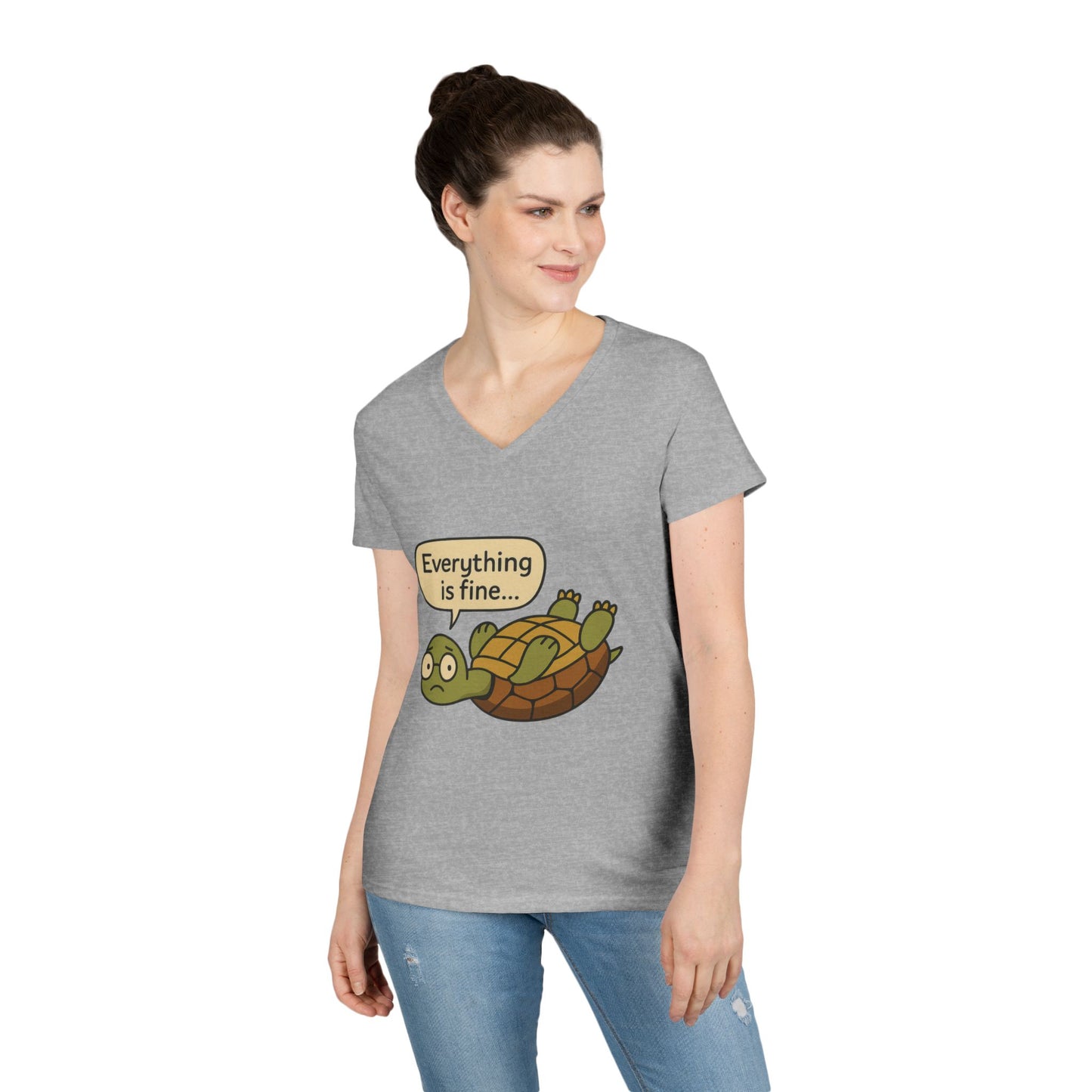 Cute & Comfy Turtle V-Neck T-Shirt - "Everything is fine..." design, Gift for Animal Lovers, Casual Wear, Fun Quotes, Positive message tee