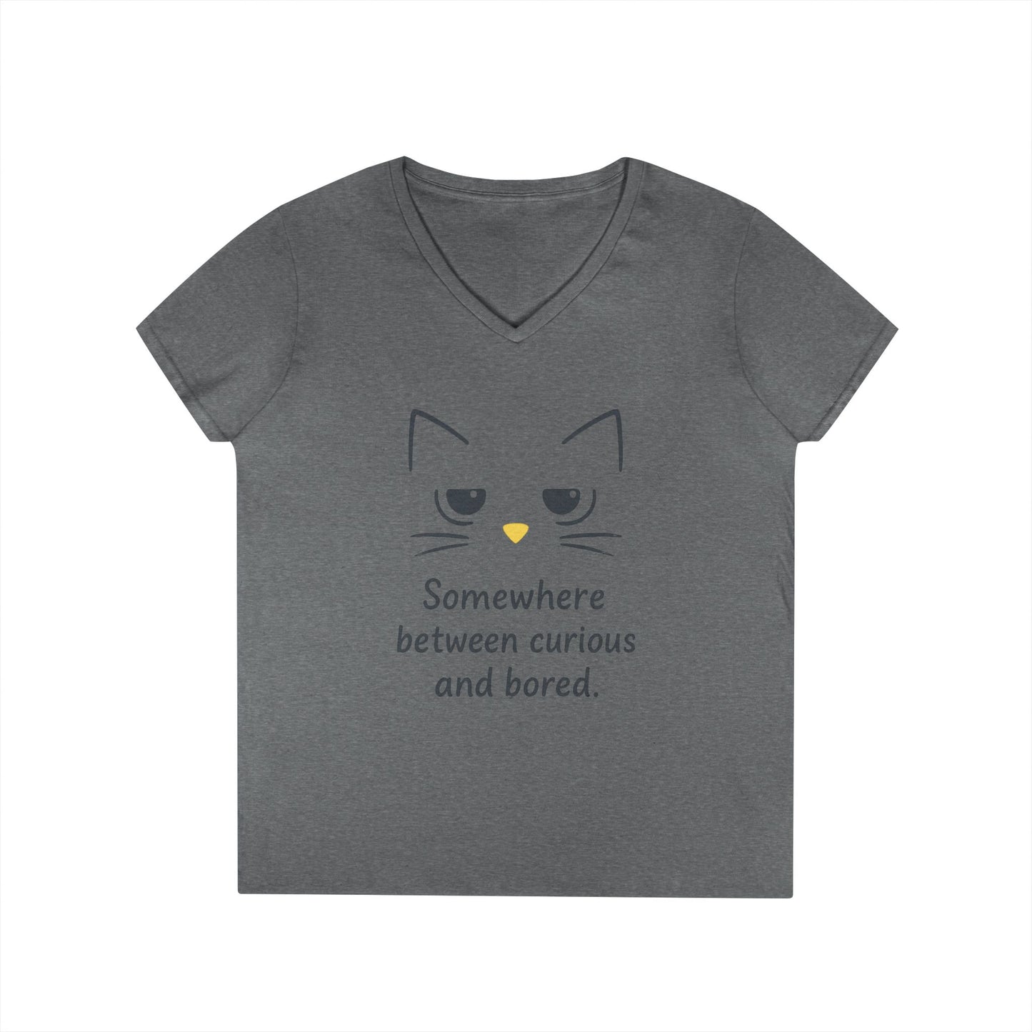 Funny Cat V-Neck T-Shirt - Somewhere Between Curious and Bored, Gift for Cat Lovers, Casual Wear, Birthday Tee, Cute Animal Shirt
