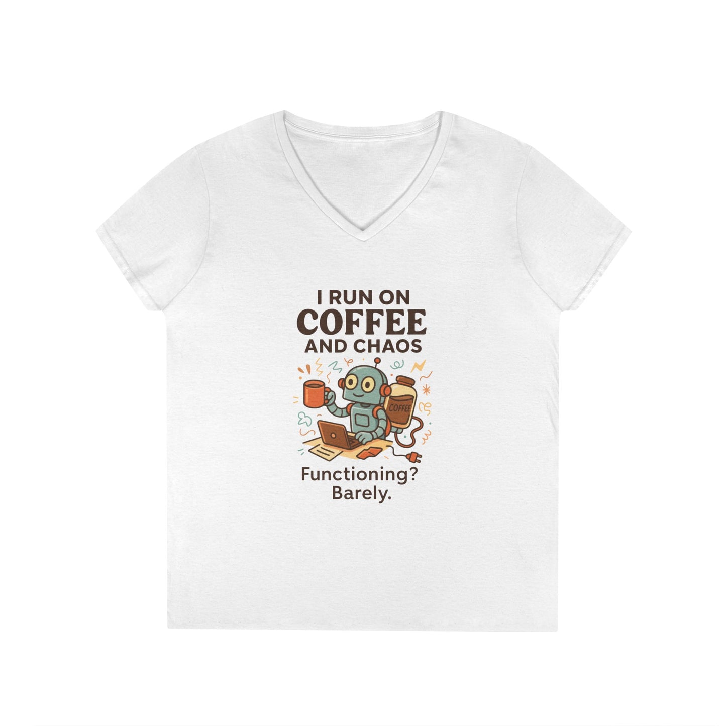 Funny Coffee and Chaos Ladies' V-Neck T-Shirt, Gift for Coffee Lovers, Quirky Tee, Casual Wear, Unique Humor Shirt, Work from Home Humor Tee