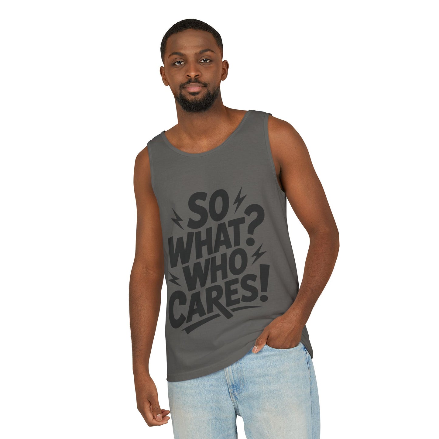 Mens Tank Top, "So What? Who Cares!", Casual Summer Wear, Beach Trip, Festival Outfit, Lightning Print, Sarcastic Summer Tee, Gym Tank