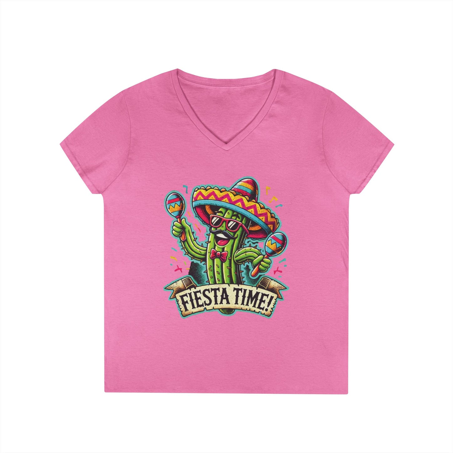 Fiesta Time Cactus Ladies' V-Neck T-Shirt, Funny Sombrero Mexican Party Tee, Cinco de Mayo Gift Idea, Fun Summer Tee, Party Wear