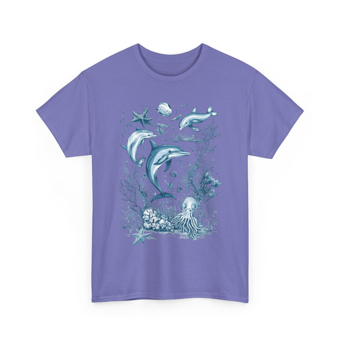 Ocean Life Dolphin T-Shirt, Women's Cotton Tee with Underwater Sea Creatures, Marine Nature Gift Shirt, Perfect for Beach Lovers