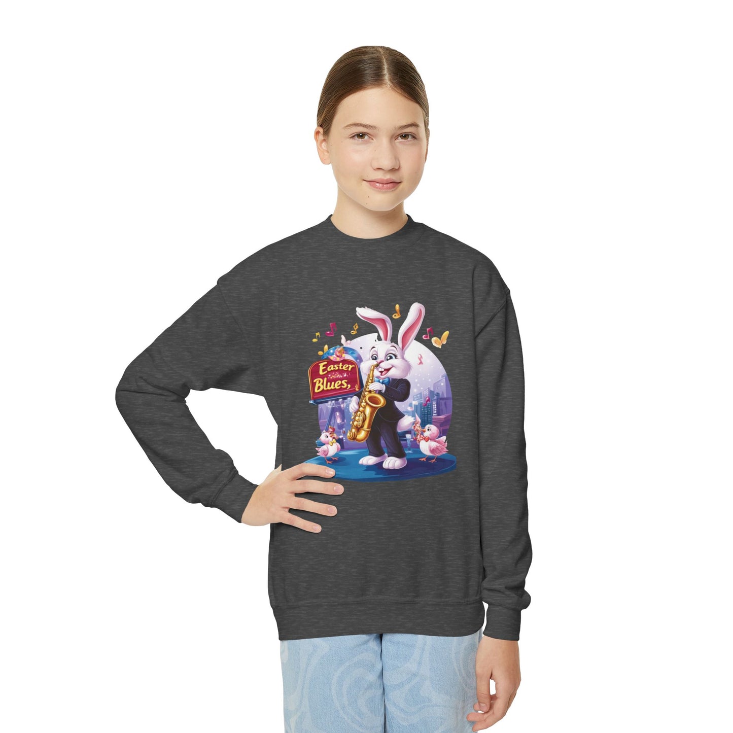 Jazz Bunny Easter Kids Sweatshirt - Cute Saxophone Playing Bunny Design, Fun Spring Crewneck, Holiday Gift for Boys and Girls