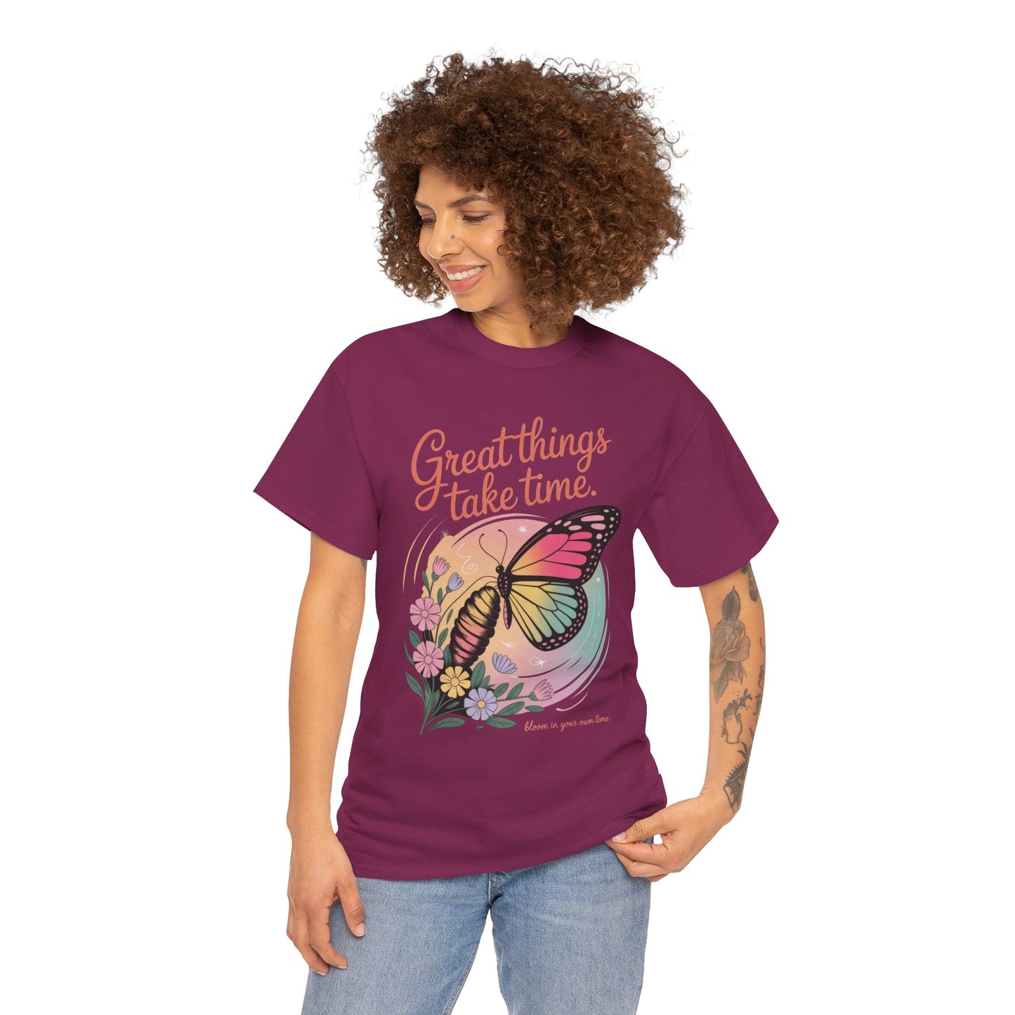 Butterfly Motivational Women's Heavy Cotton Tee, Great Things Take Time Shirt, Gift for Nature Lovers, Inspirational Apparel, Summer Outfit