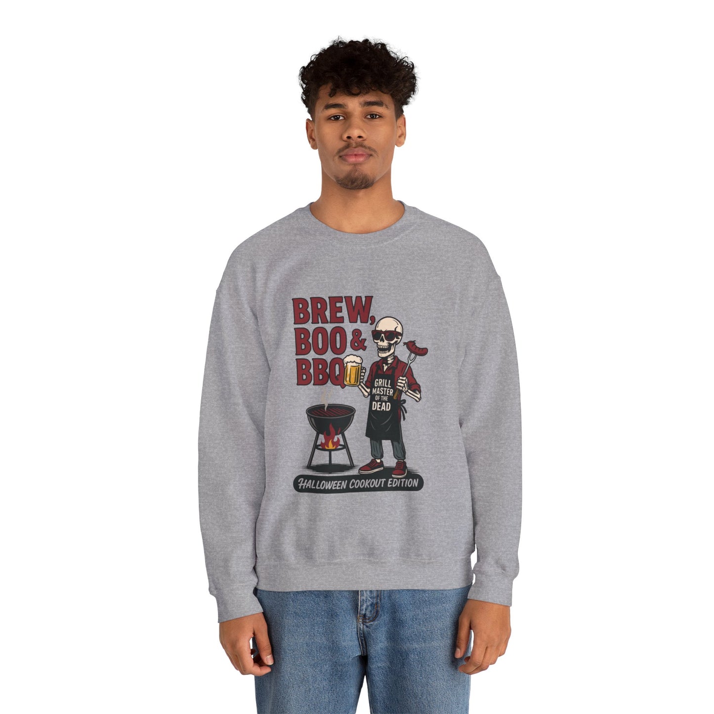 Halloween BBQ Men's Sweatshirt, Brew Boo & BBQ Skeleton Grill Master, Spooky Dad Gift, Skeleton Dad Sweat, Grill Master Crew